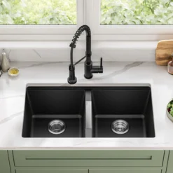 33” Undermount 50/50 Double Bowl Granite Kitchen Sink in Black Onyx