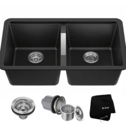 33” Undermount 50/50 Double Bowl Granite Kitchen Sink in Black Onyx