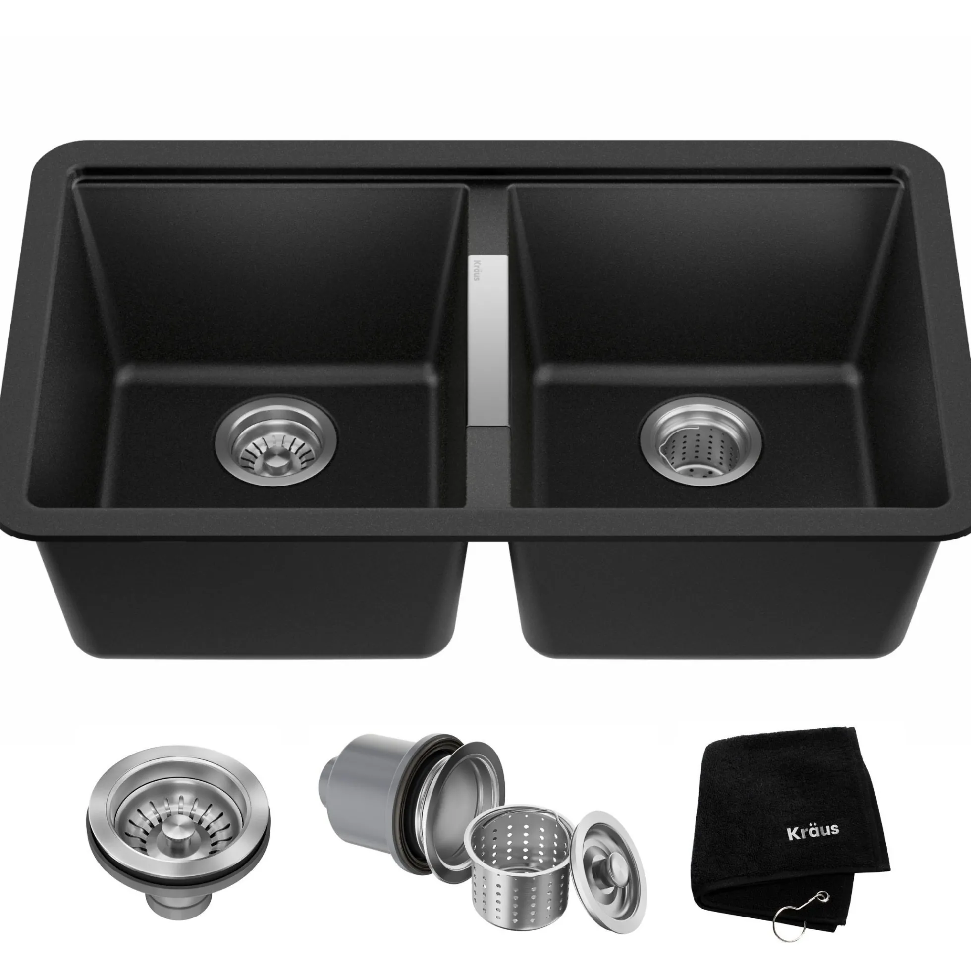 33” Undermount 50/50 Double Bowl Granite Kitchen Sink in Black Onyx