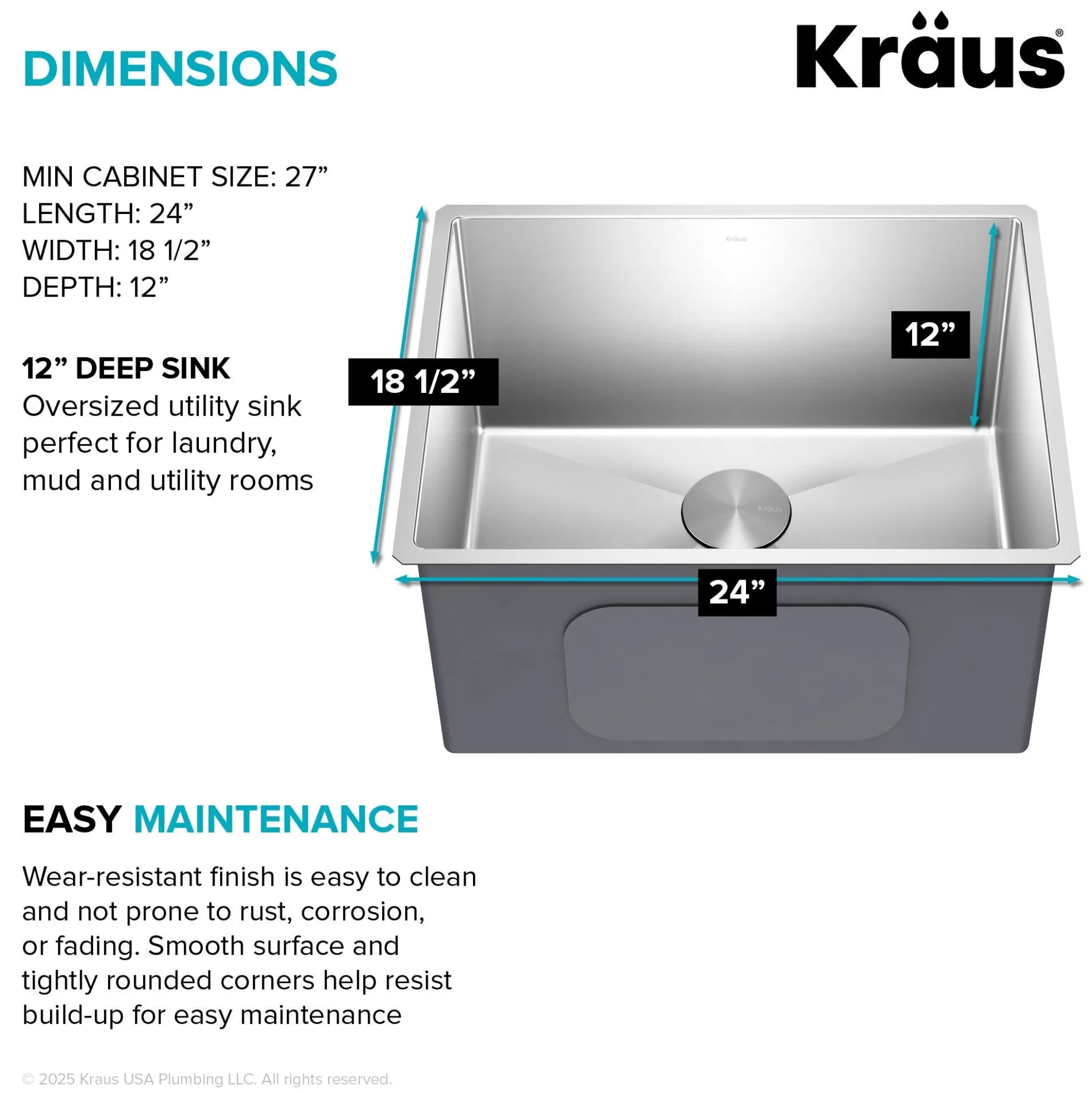 24" Undermount 16 Gauge Stainless Steel Single Bowl Laundry Utility Sink