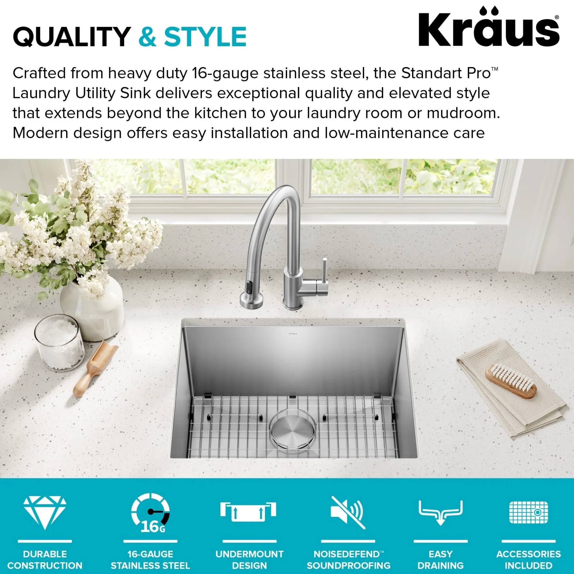 24" Undermount 16 Gauge Stainless Steel Single Bowl Laundry Utility Sink