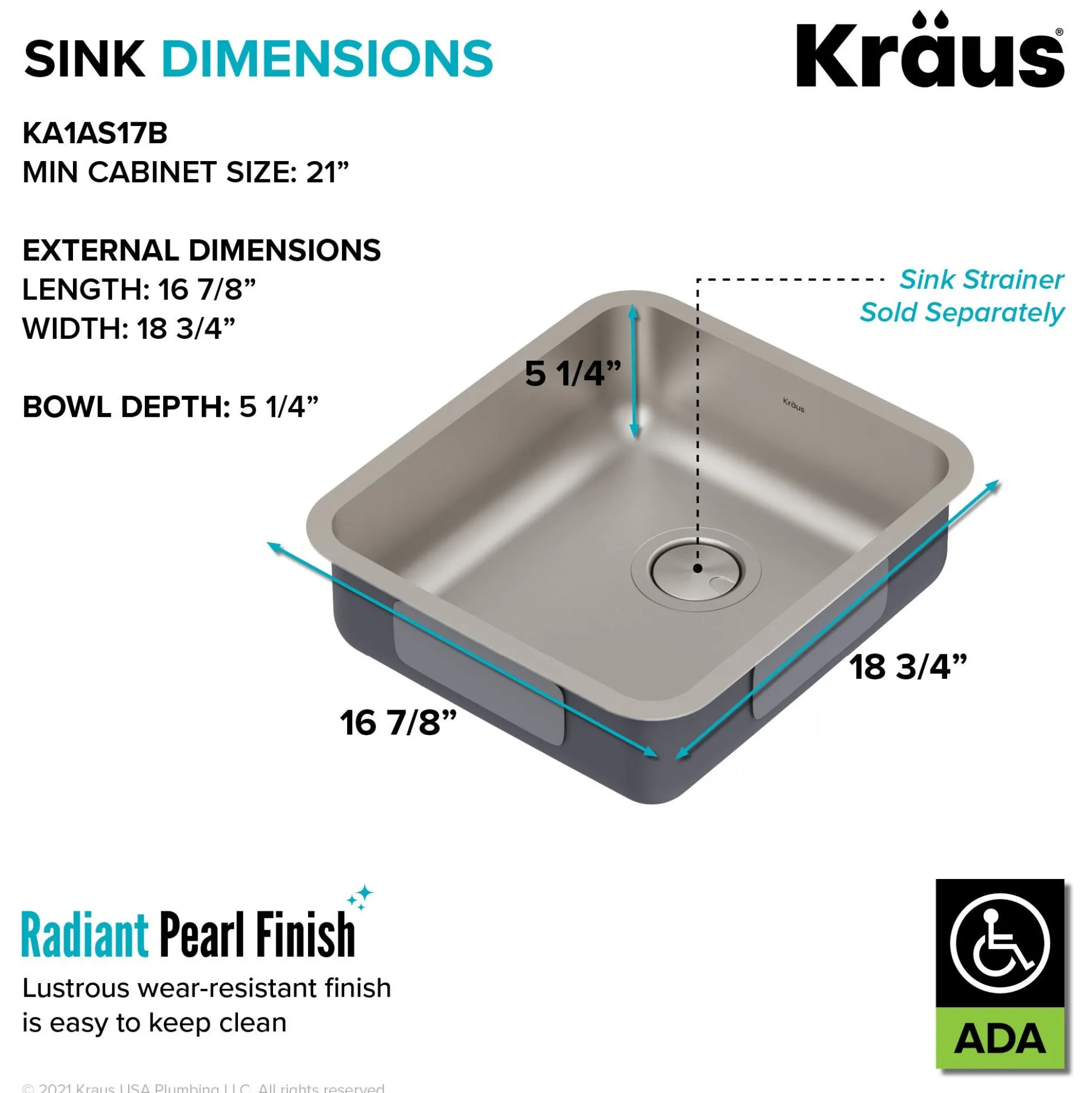 17" Undermount 16 Gauge Stainless Steel Single Bowl ADA Kitchen Sink