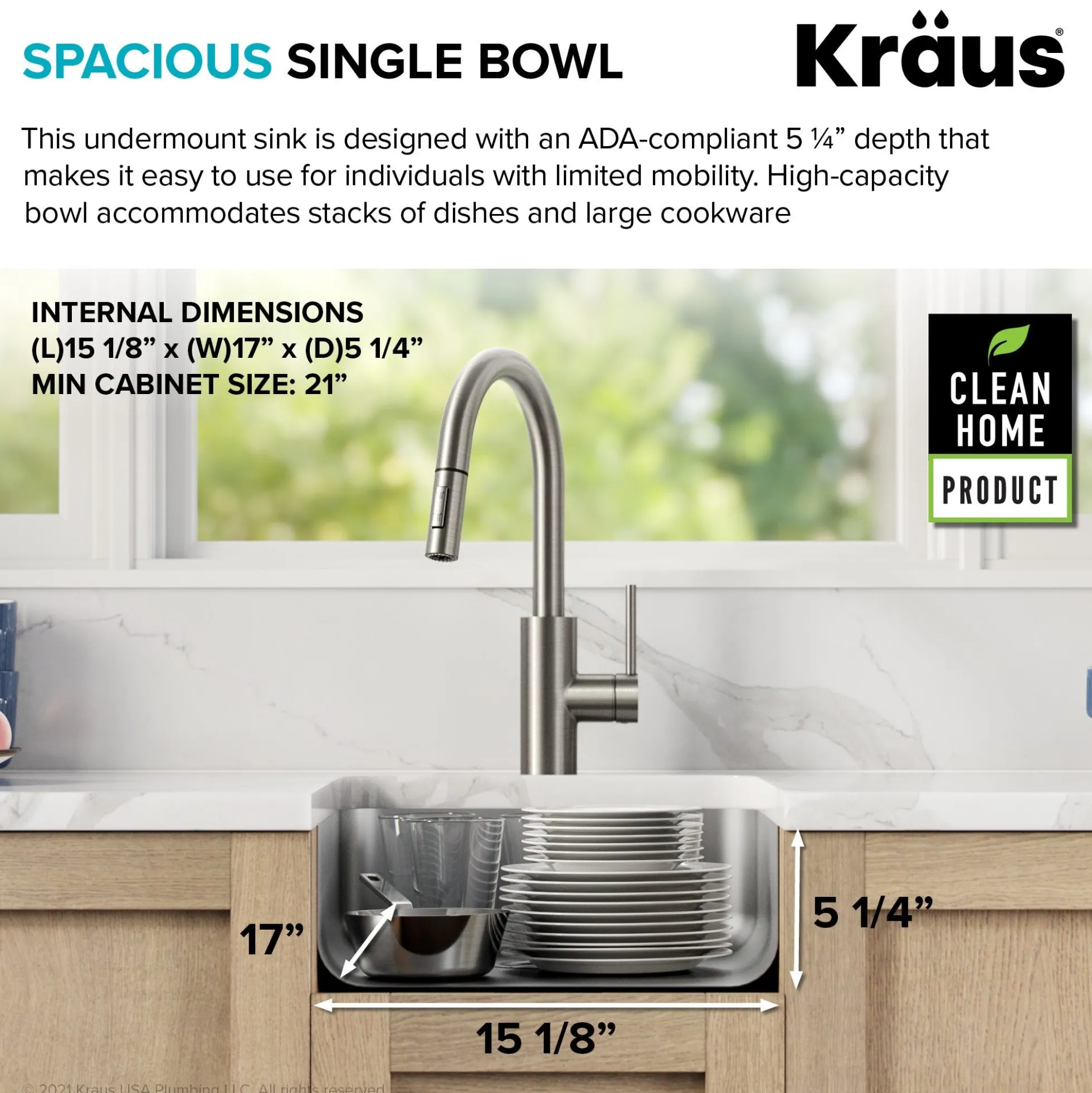 17" Undermount 16 Gauge Stainless Steel Single Bowl ADA Kitchen Sink