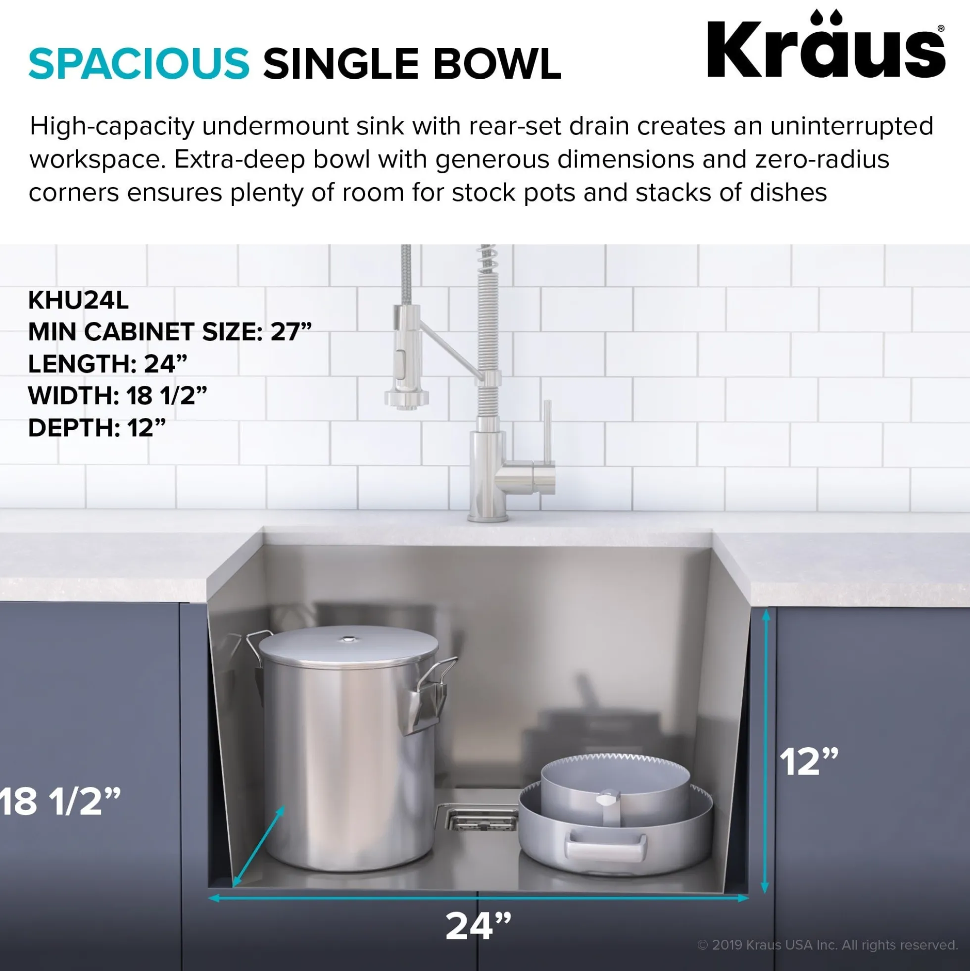 24" Undermount 18 Gauge Stainless Steel Single Bowl Laundry/Utility Sink