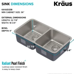 33" Undermount 16 Gauge Stainless Steel Double Bowl Kitchen Sink