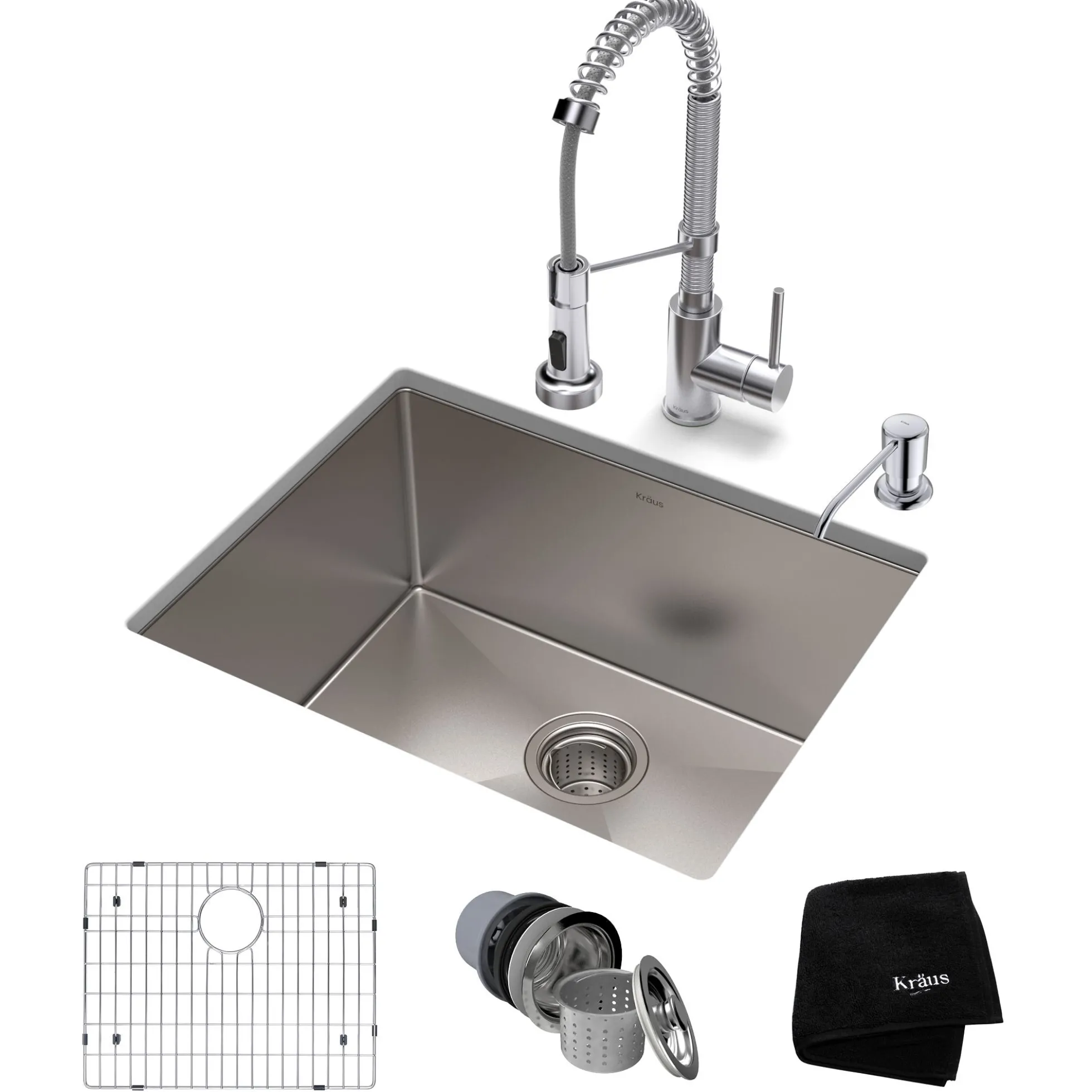 23" Undermount Kitchen Sink w/ Bolden Commercial Pull-Down Faucet and Soap Dispenser in Chrome