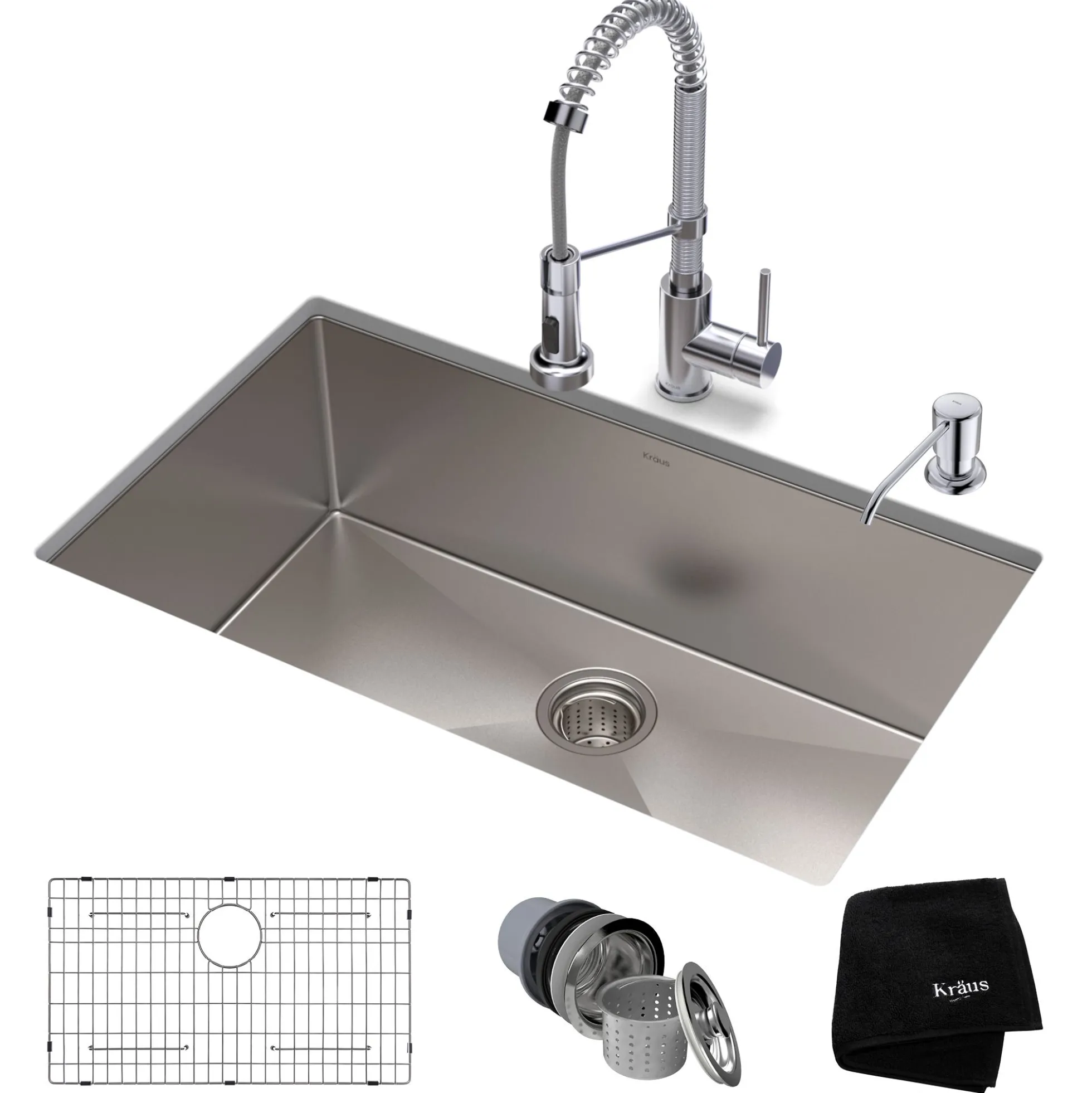 32" Undermount Kitchen Sink w/ Bolden Commercial Pull-Down Faucet and Soap Dispenser in Chrome