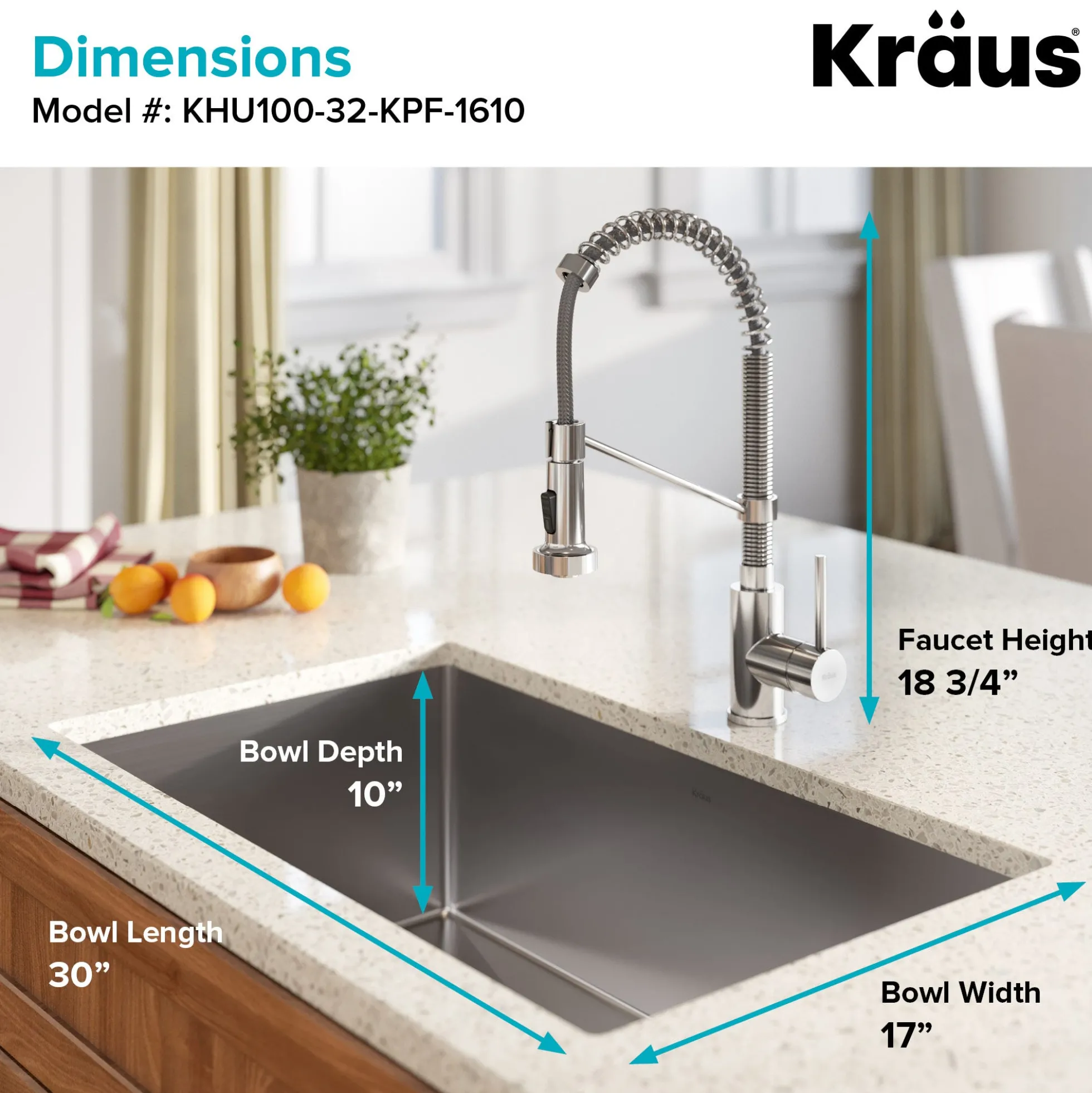 32" Undermount Kitchen Sink w/ Bolden Commercial Pull-Down Faucet and Soap Dispenser in Chrome