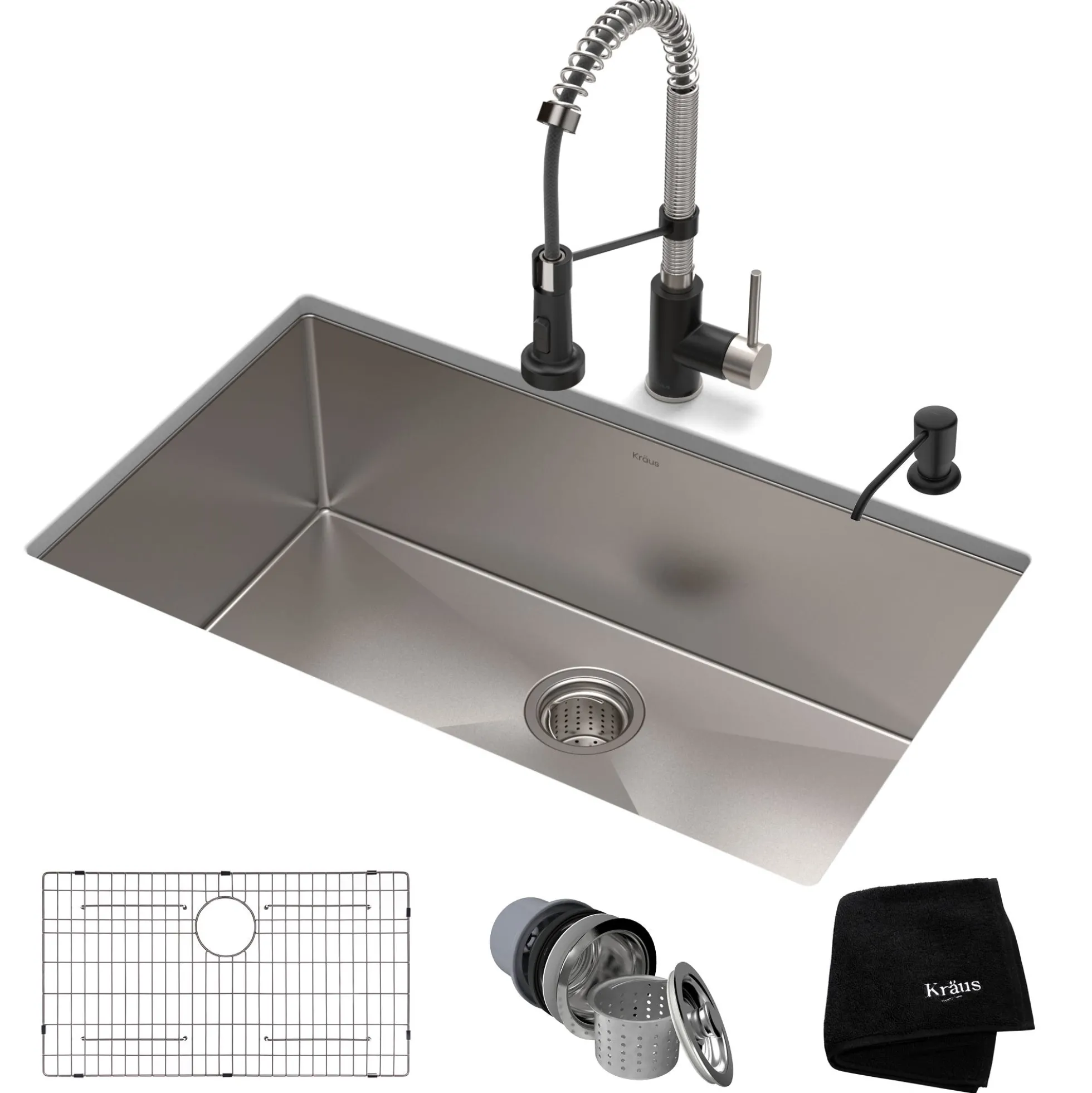 30" Undermount Kitchen Sink w/ Bolden Commercial Pull-Down Faucet and Soap Dispenser in Stainless Steel/Matte Black