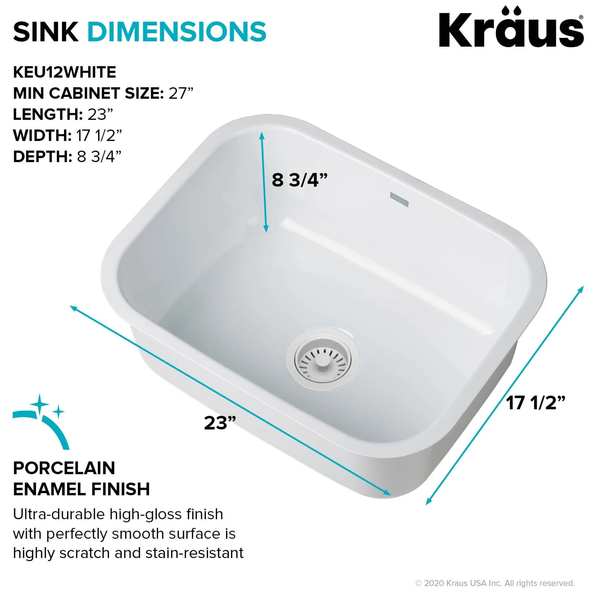 22" Undermount Porcelain Enameled Steel Single Bowl Kitchen Sink in White