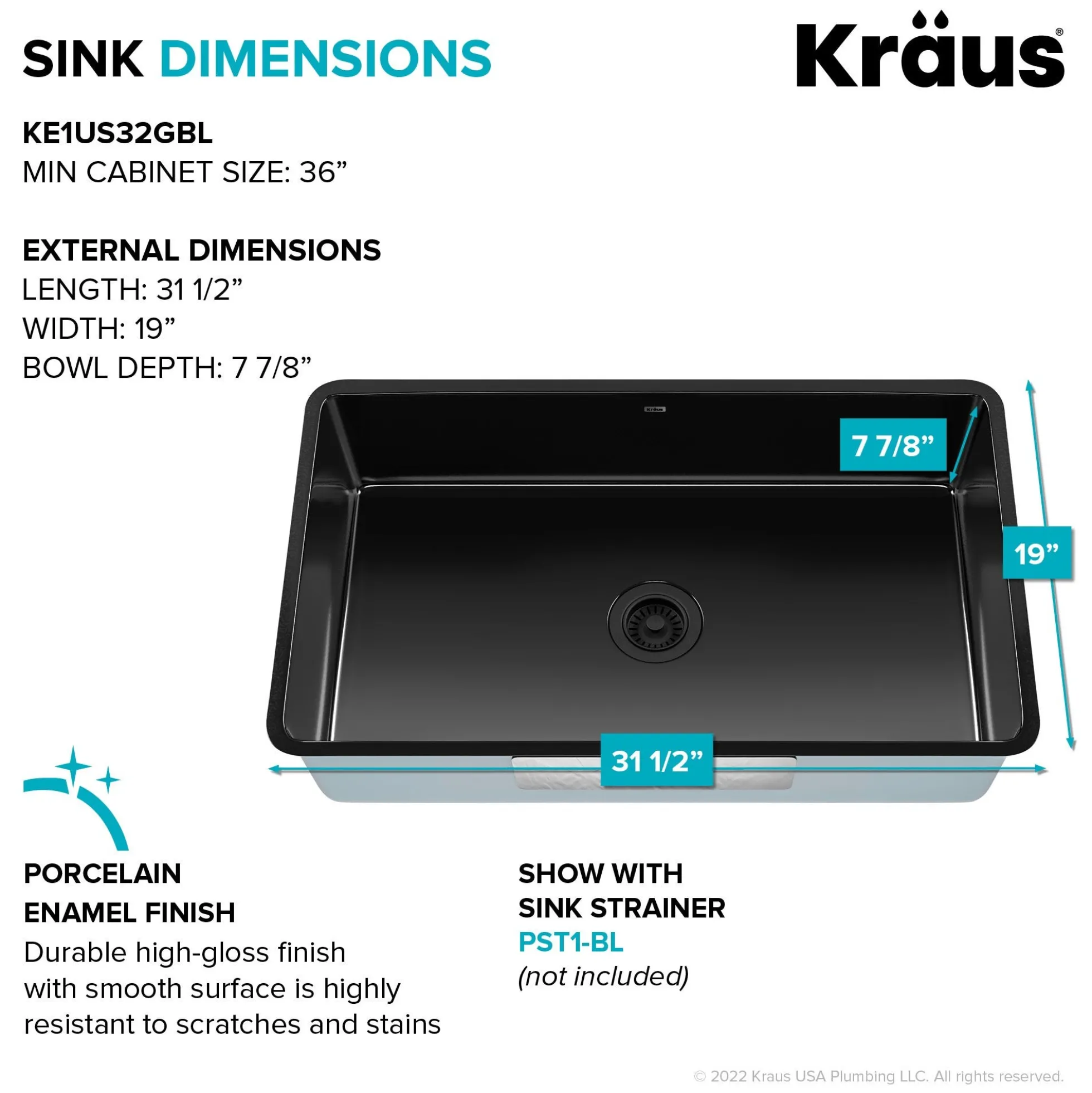 32” Undermount Porcelain Enameled Steel Single Bowl Kitchen Sink in Black