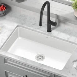 32” Undermount Porcelain Enameled Steel Single Bowl Kitchen Sink in White