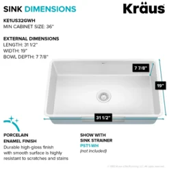 32” Undermount Porcelain Enameled Steel Single Bowl Kitchen Sink in White