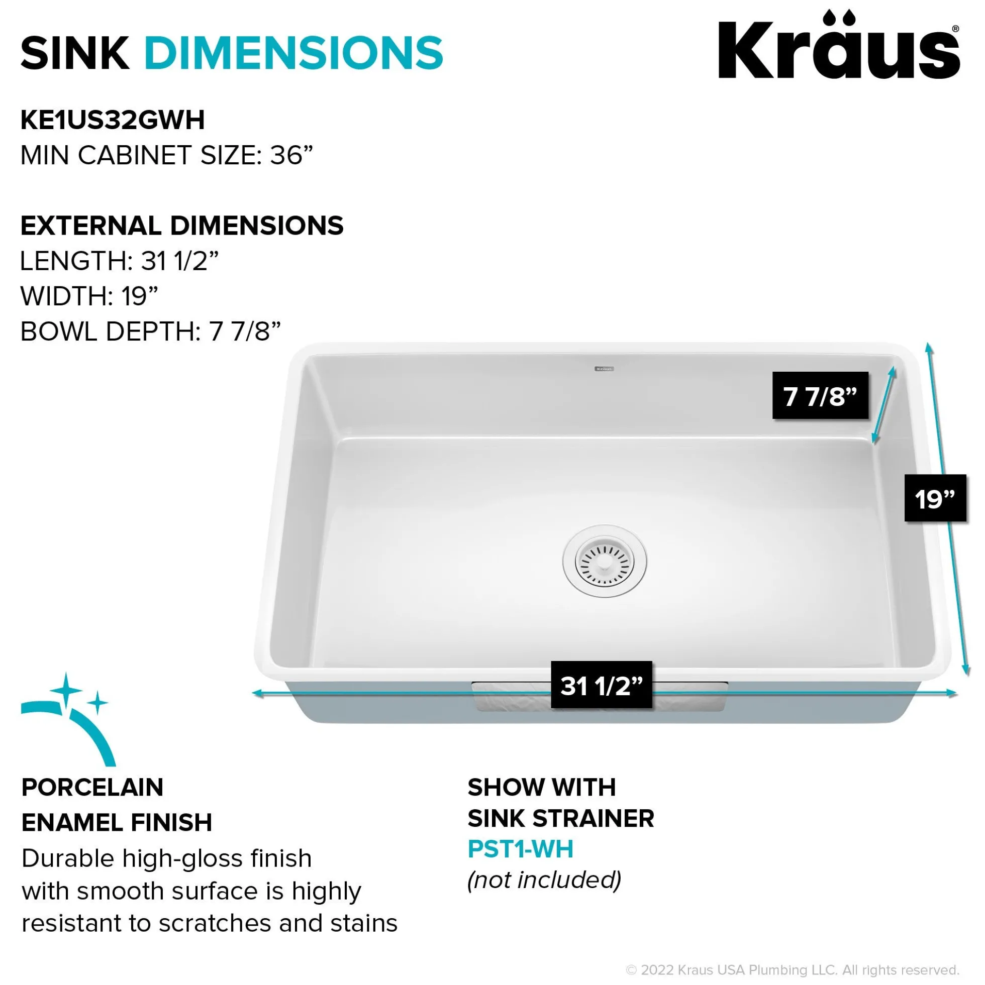 32” Undermount Porcelain Enameled Steel Single Bowl Kitchen Sink in White