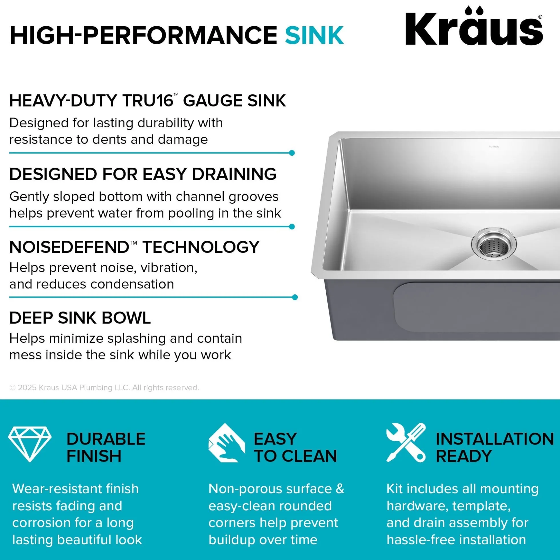 32" Undermount Single Bowl 16 Gauge Stainless Steel Kitchen Sink
