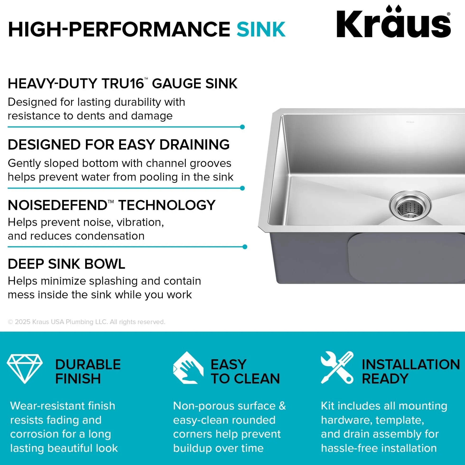30" Undermount Single Bowl 16 Gauge Stainless Steel Kitchen Sink