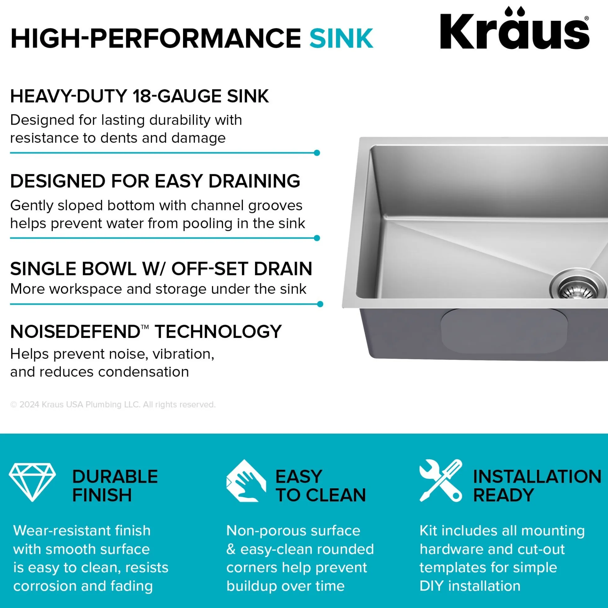 25” Undermount Single Bowl 18-Gauge Stainless Steel Kitchen Sink