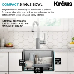 15” Undermount Single Bowl 18-Gauge Stainless Steel Kitchen Bar Sink