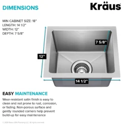15” Undermount Single Bowl 18-Gauge Stainless Steel Kitchen Bar Sink