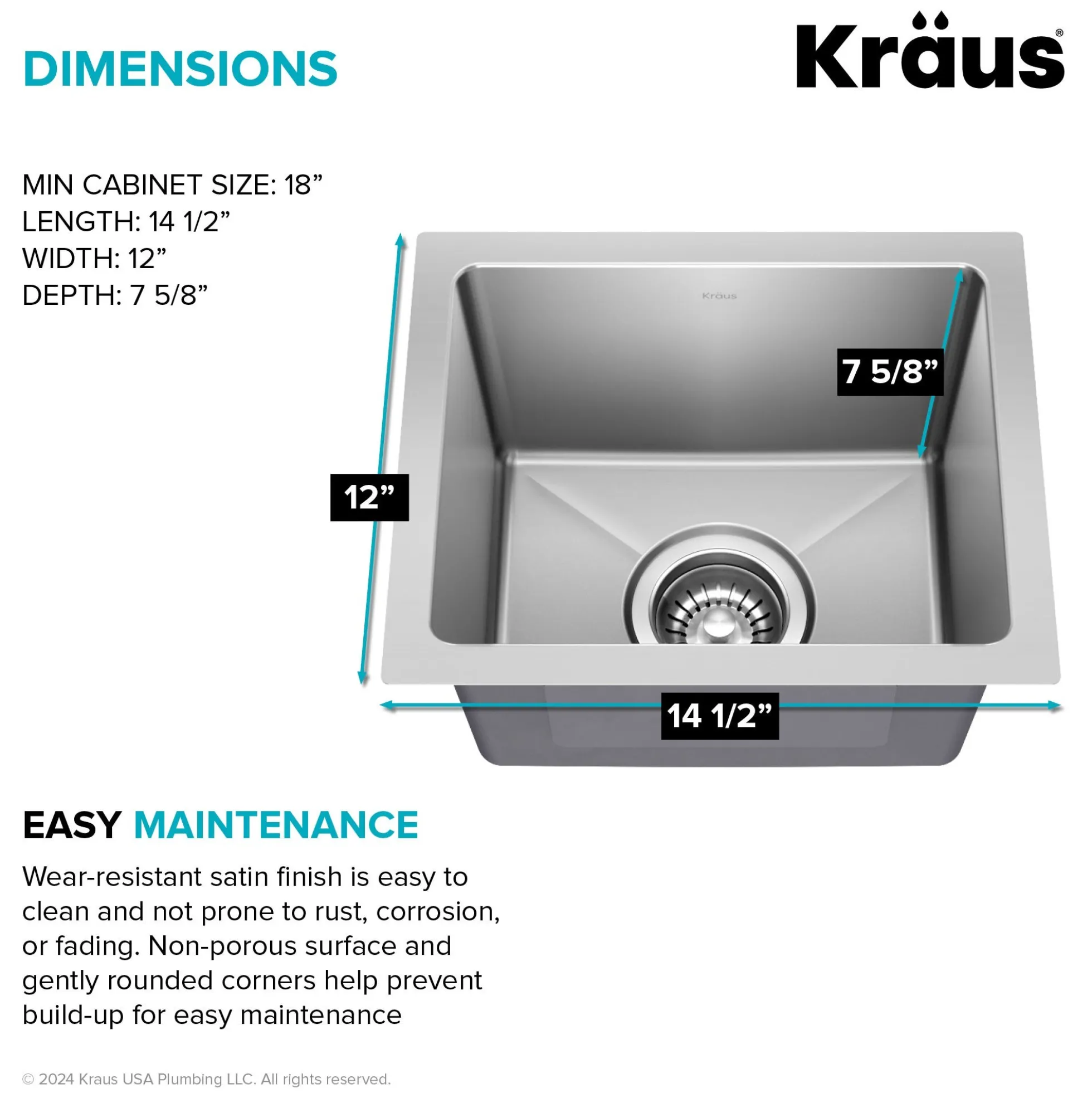 15” Undermount Single Bowl 18-Gauge Stainless Steel Kitchen Bar Sink