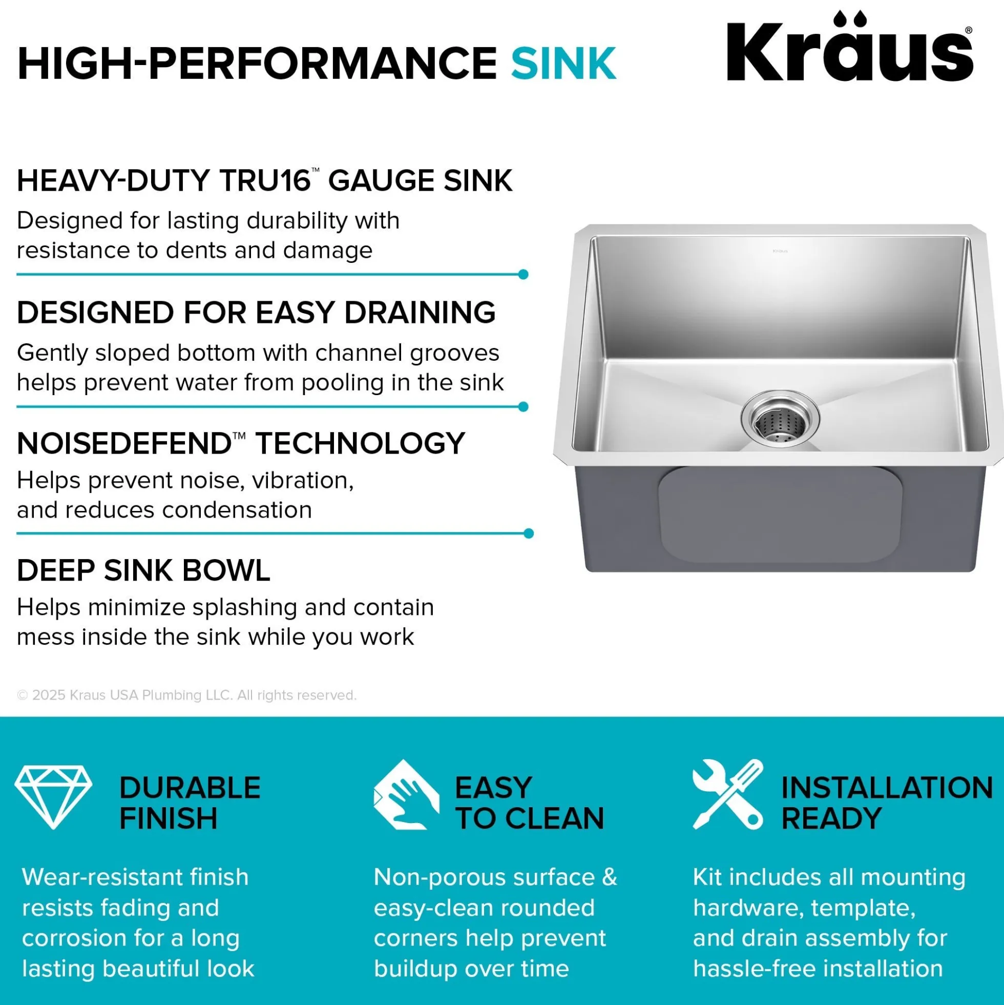 23" Undermount Single Bowl 16 Gauge Stainless Steel Kitchen Sink
