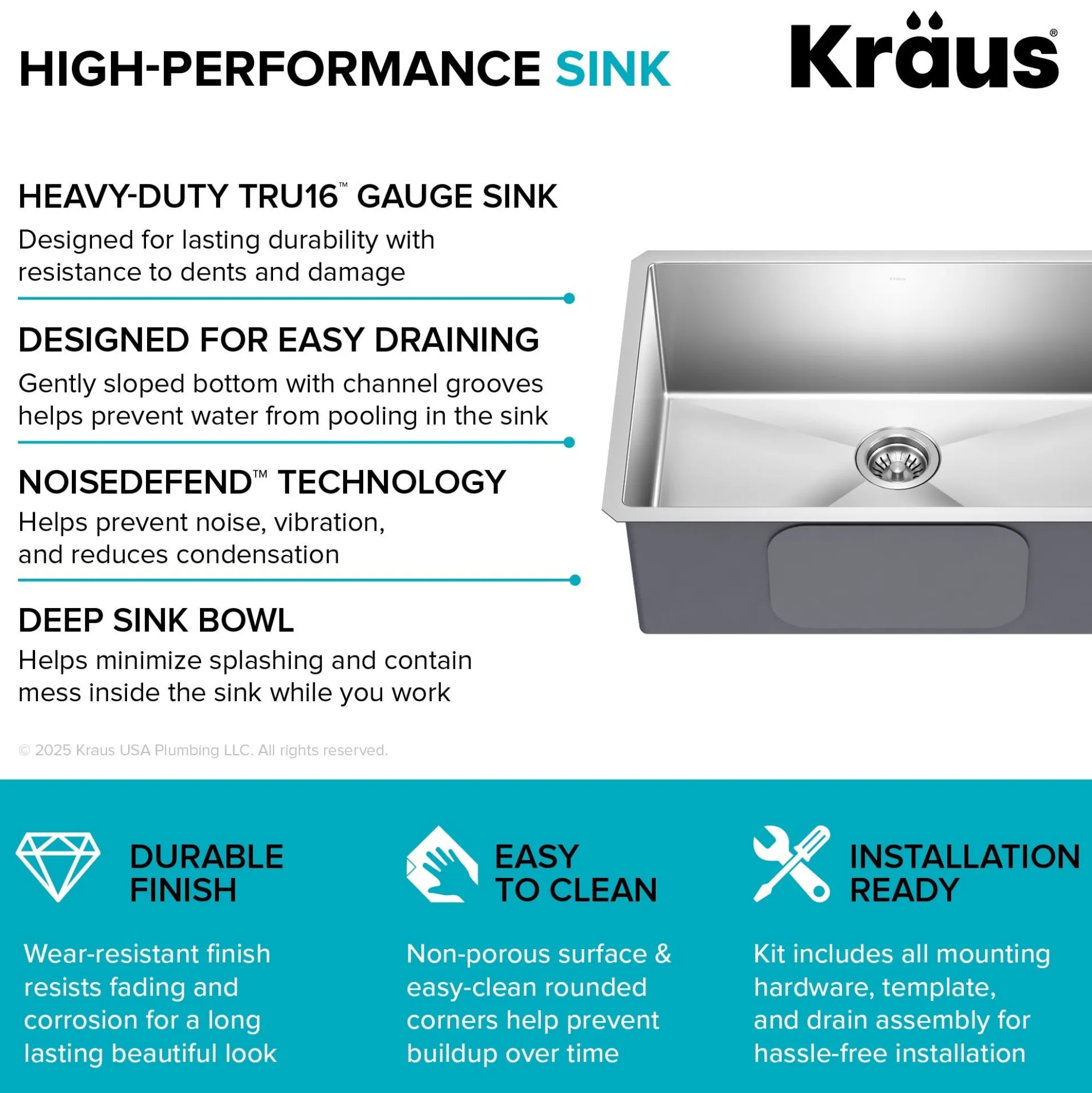 28" Undermount Single Bowl 16 Gauge Stainless Steel Kitchen Sink