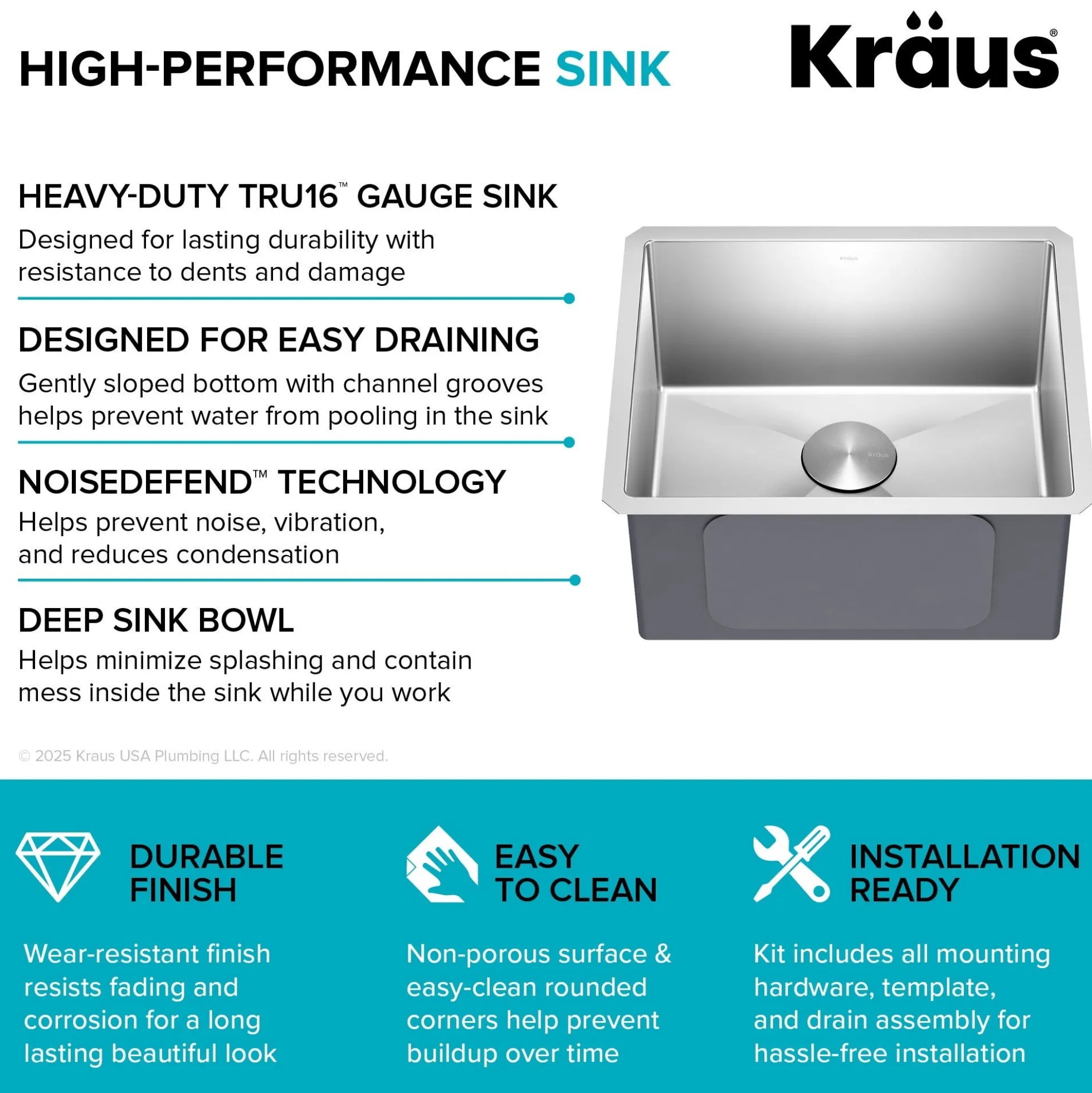 21" Undermount Single Bowl 16 Gauge Stainless Steel Kitchen Sink