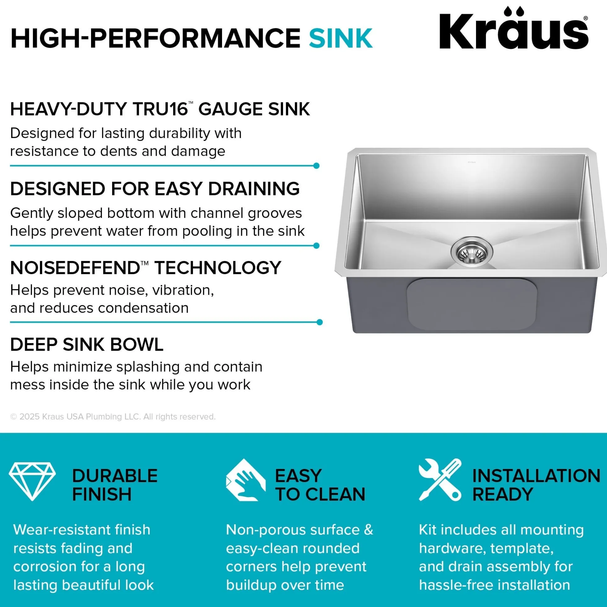 26" Undermount Single Bowl 16 Gauge Stainless Steel Kitchen Sink