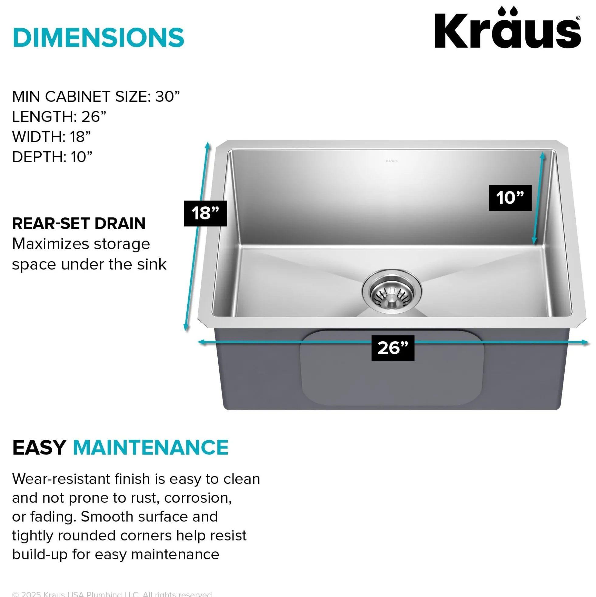 26" Undermount Single Bowl 16 Gauge Stainless Steel Kitchen Sink