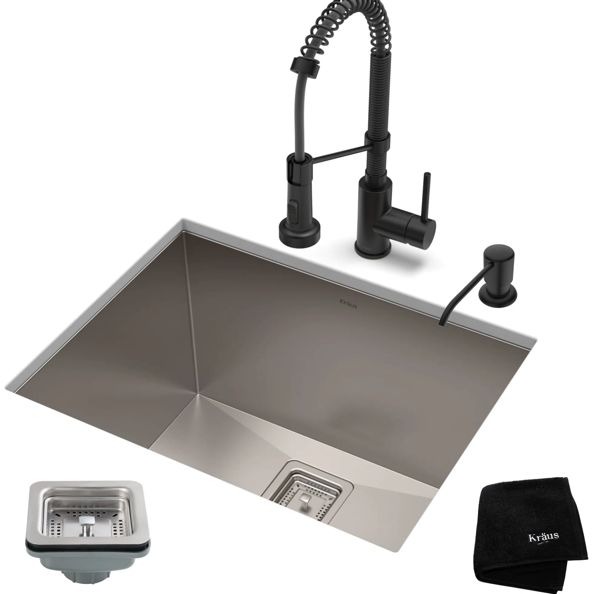 24" Undermount Utility Sink w/ Bolden Commercial Pull-Down Faucet and Soap Dispenser in Matte Black