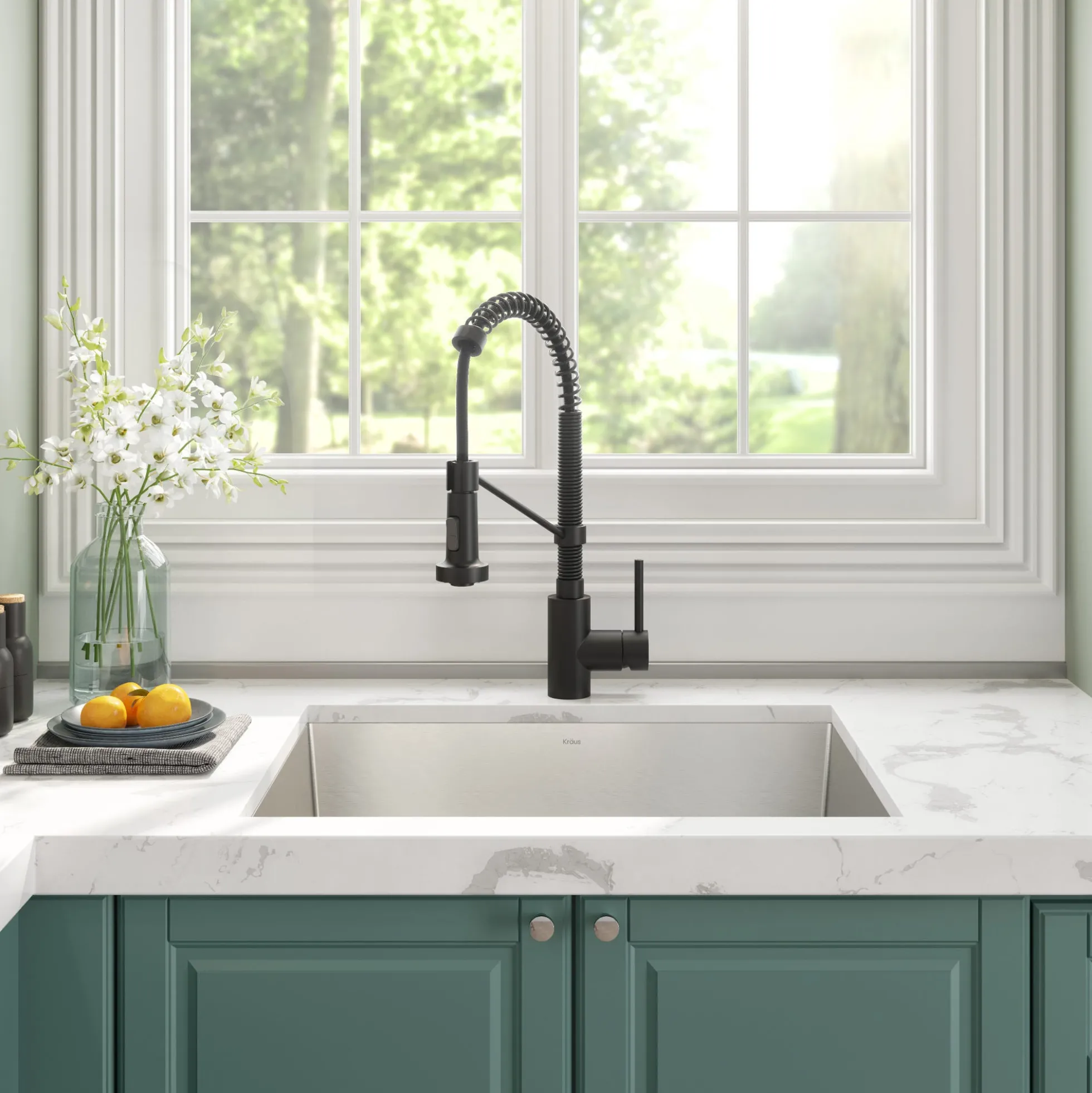 24" Undermount Utility Sink w/ Bolden Commercial Pull-Down Faucet and Soap Dispenser in Matte Black