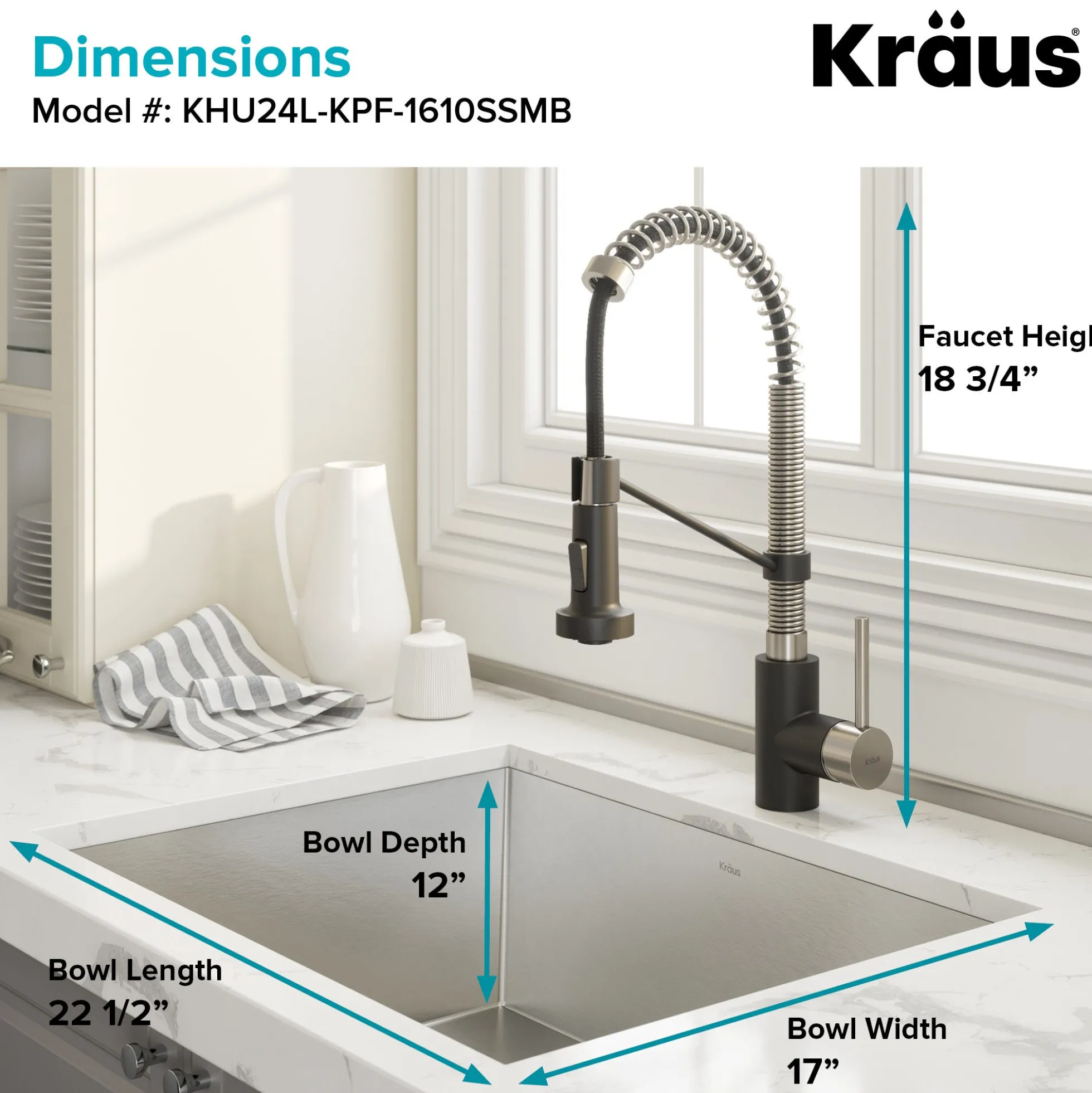 24" Undermount Utility Sink w/ Bolden Commercial Pull-Down Faucet and Soap Dispenser in Stainless Steel/Matte Black