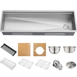 57" Undermount Workstation 16 Gauge Single Bowl Stainless Steel Kitchen Sink with 10 Accessories