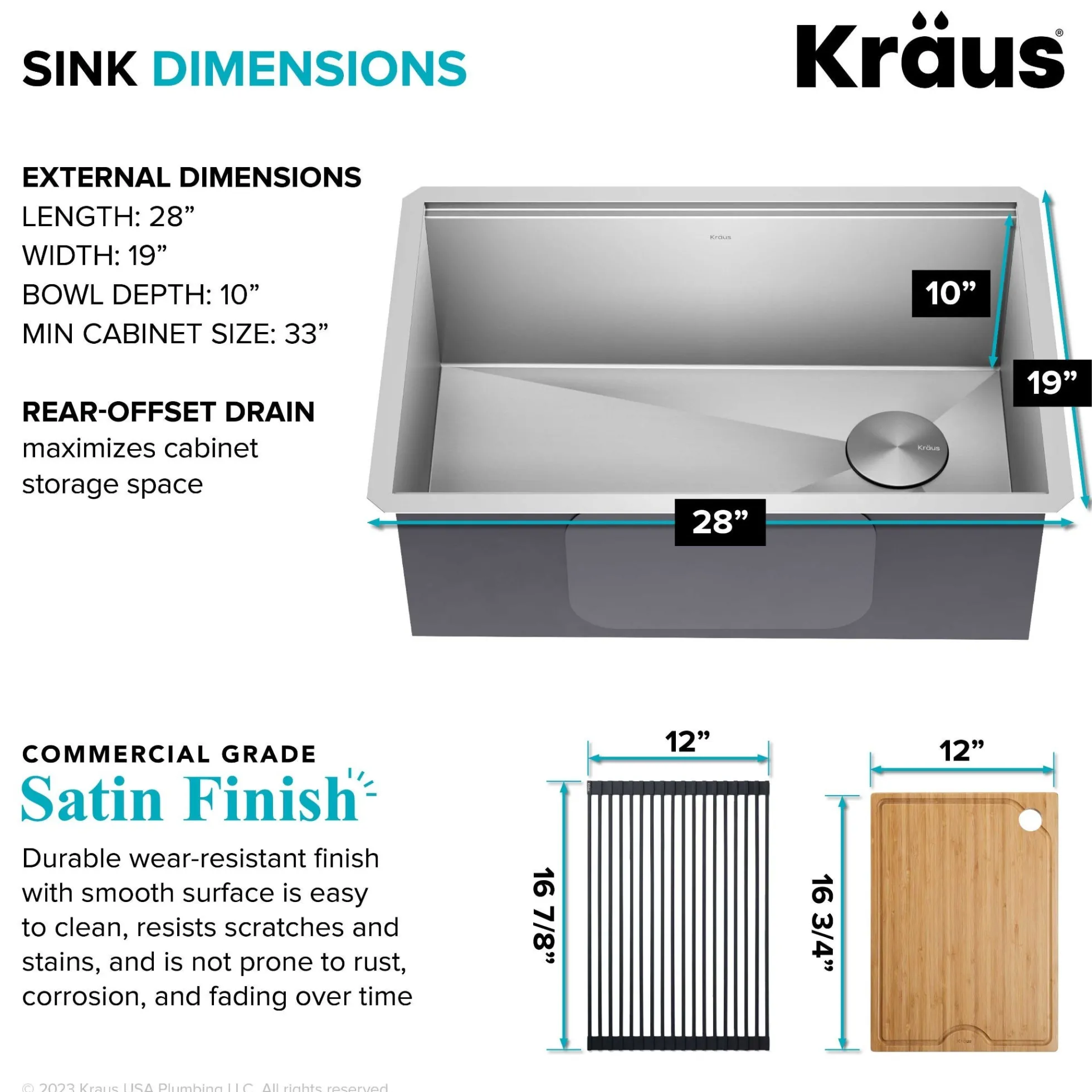 28" Undermount Workstation 16 Gauge Single Bowl Stainless Steel Kitchen Sink with Accessories