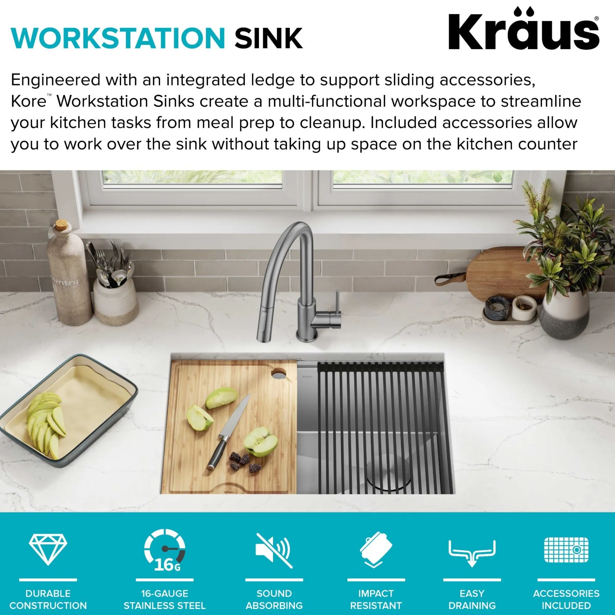 28" Undermount Workstation 16 Gauge Single Bowl Stainless Steel Kitchen Sink with Accessories