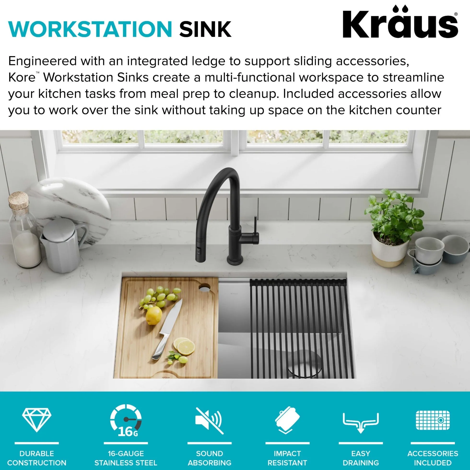 30" Undermount Workstation 16 Gauge Single Bowl Stainless Steel Kitchen Sink with Accessories