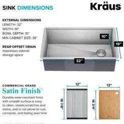 32" Undermount Workstation 16 Gauge Single Bowl Stainless Steel Kitchen Sink with Accessories