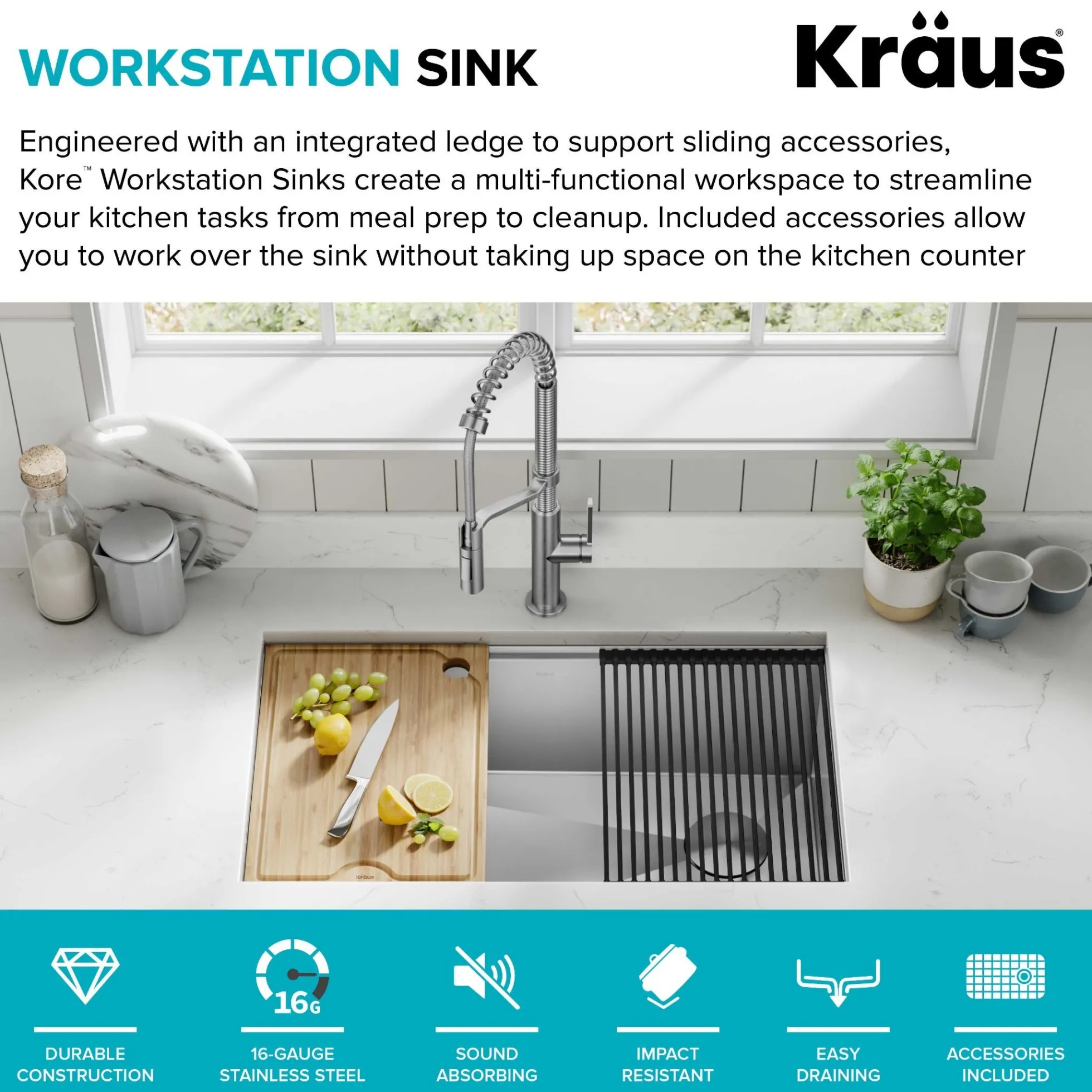 32" Undermount Workstation 16 Gauge Single Bowl Stainless Steel Kitchen Sink with Accessories
