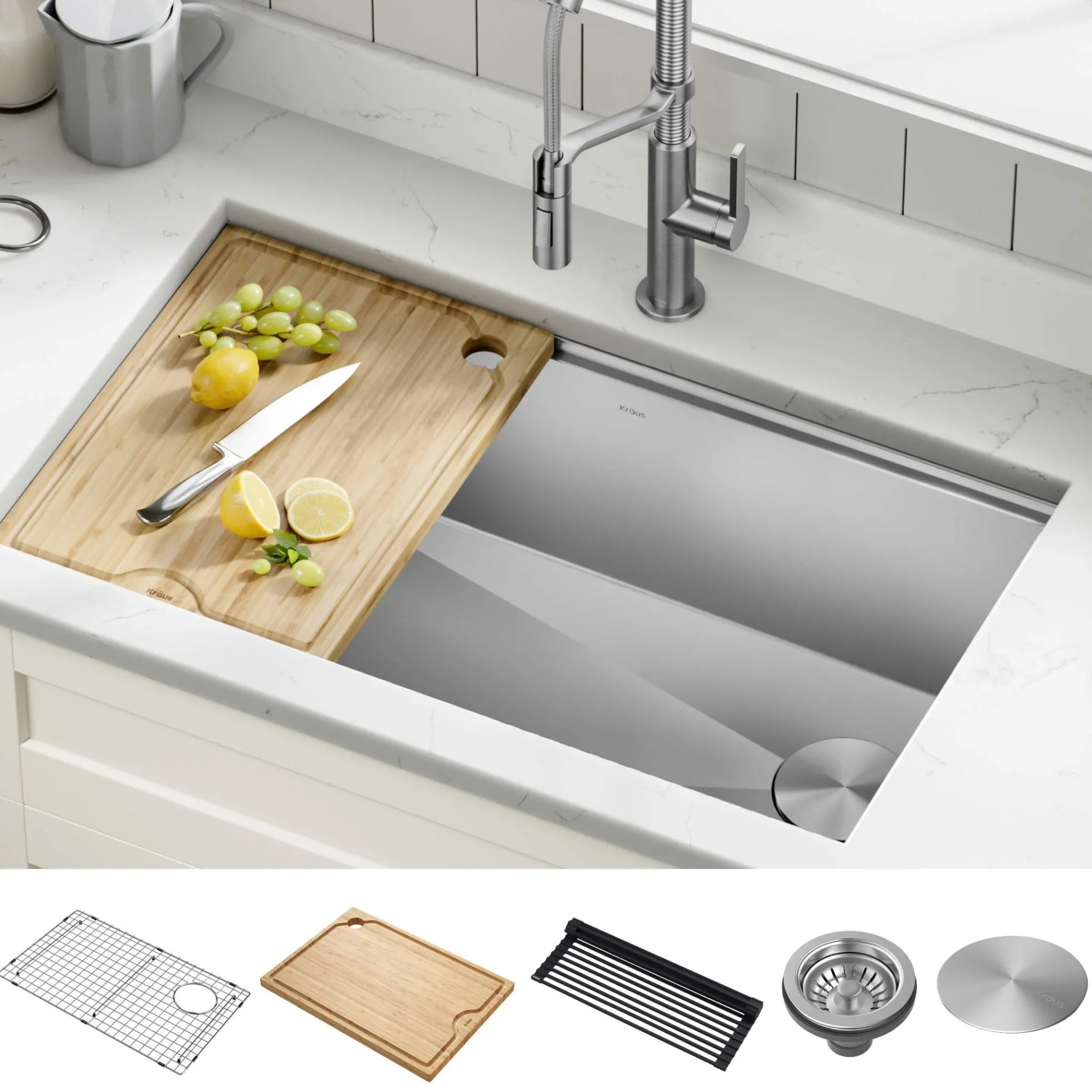 32" Undermount Workstation 16 Gauge Single Bowl Stainless Steel Kitchen Sink with Accessories