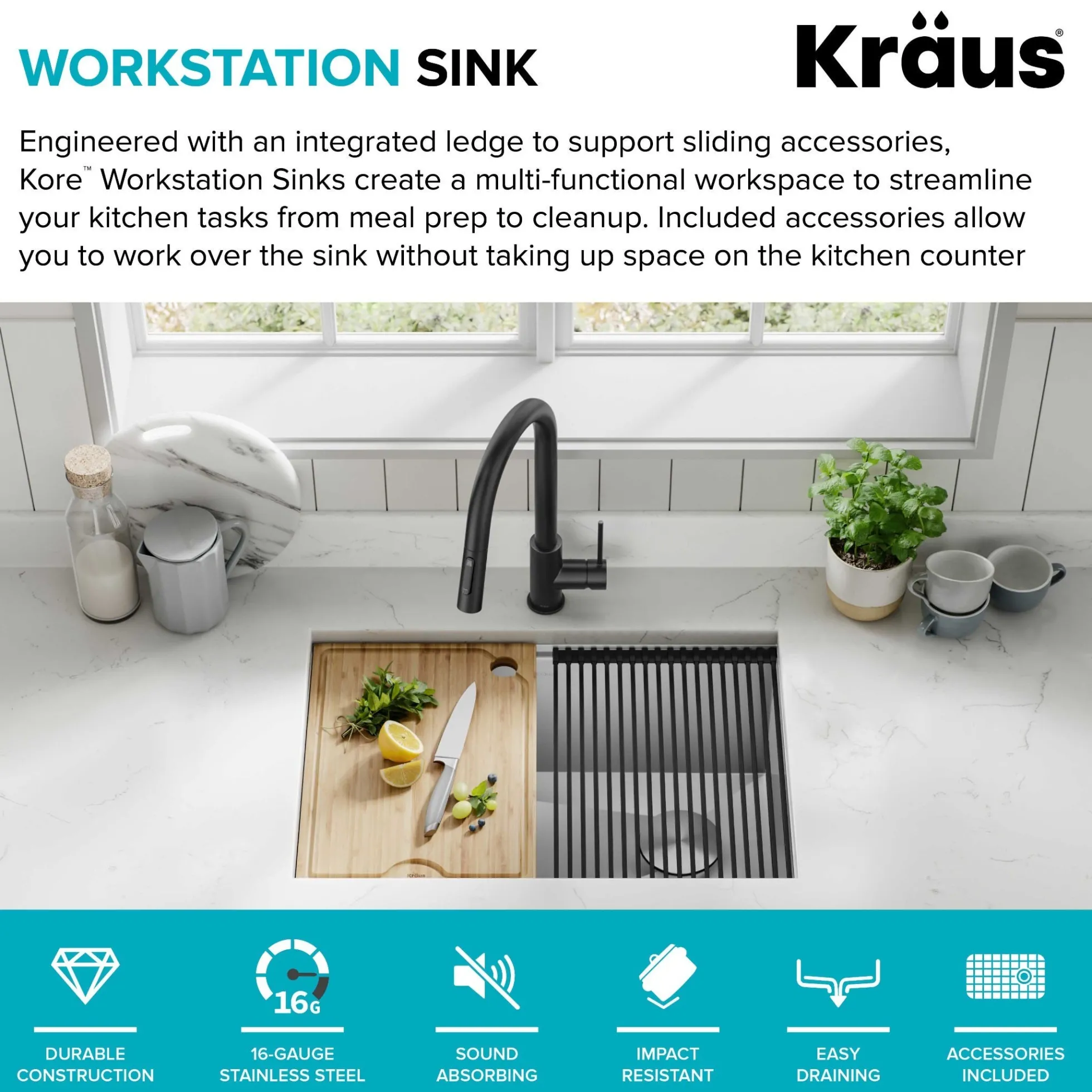 27" Undermount Workstation 16 Gauge Single Bowl Stainless Steel Kitchen Sink with Accessories