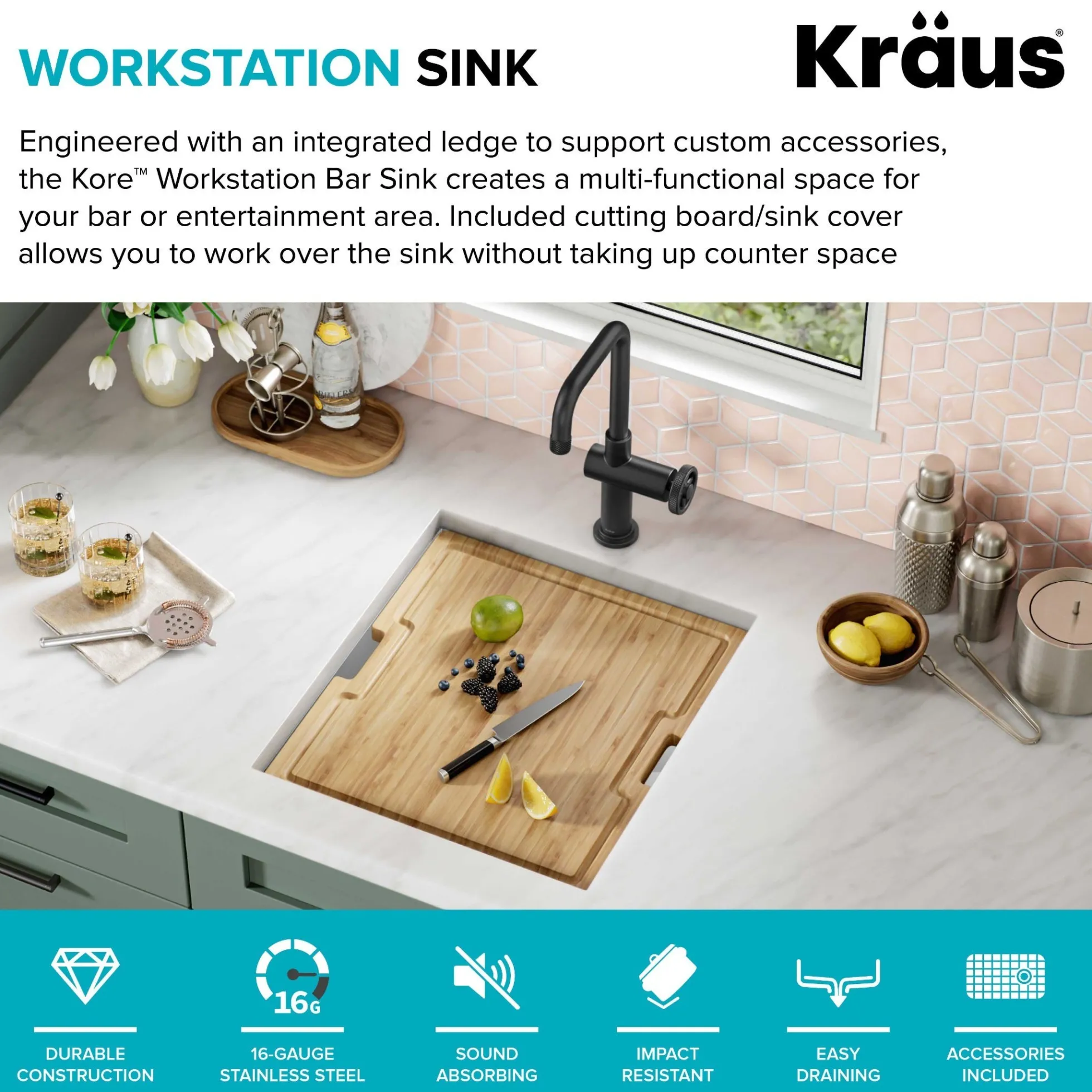 17" Undermount Workstation 16 Gauge Single Bowl Stainless Steel Bar Kitchen Sink with Accessories
