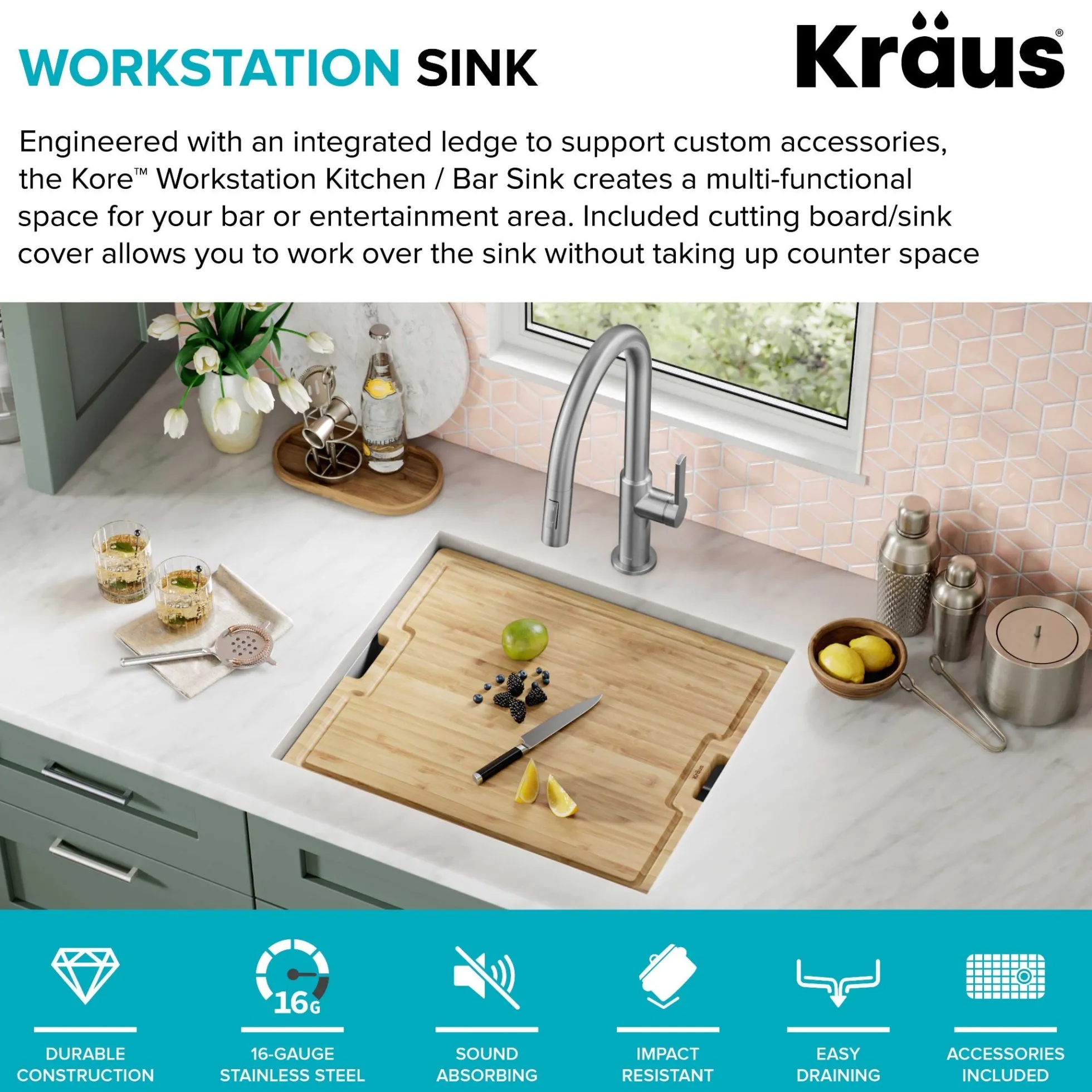 21" Undermount Workstation 16 Gauge Single Bowl Stainless Steel Kitchen Sink with Accessories