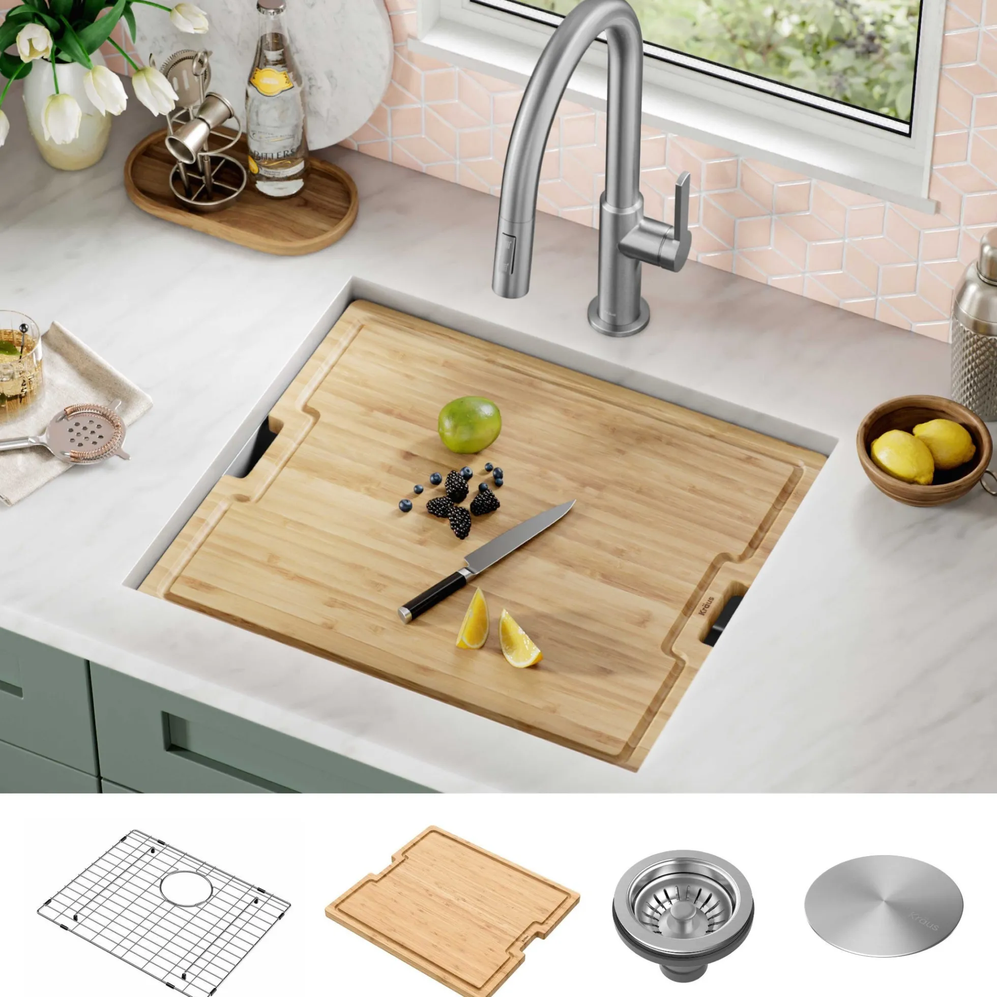 21" Undermount Workstation 16 Gauge Single Bowl Stainless Steel Kitchen Sink with Accessories