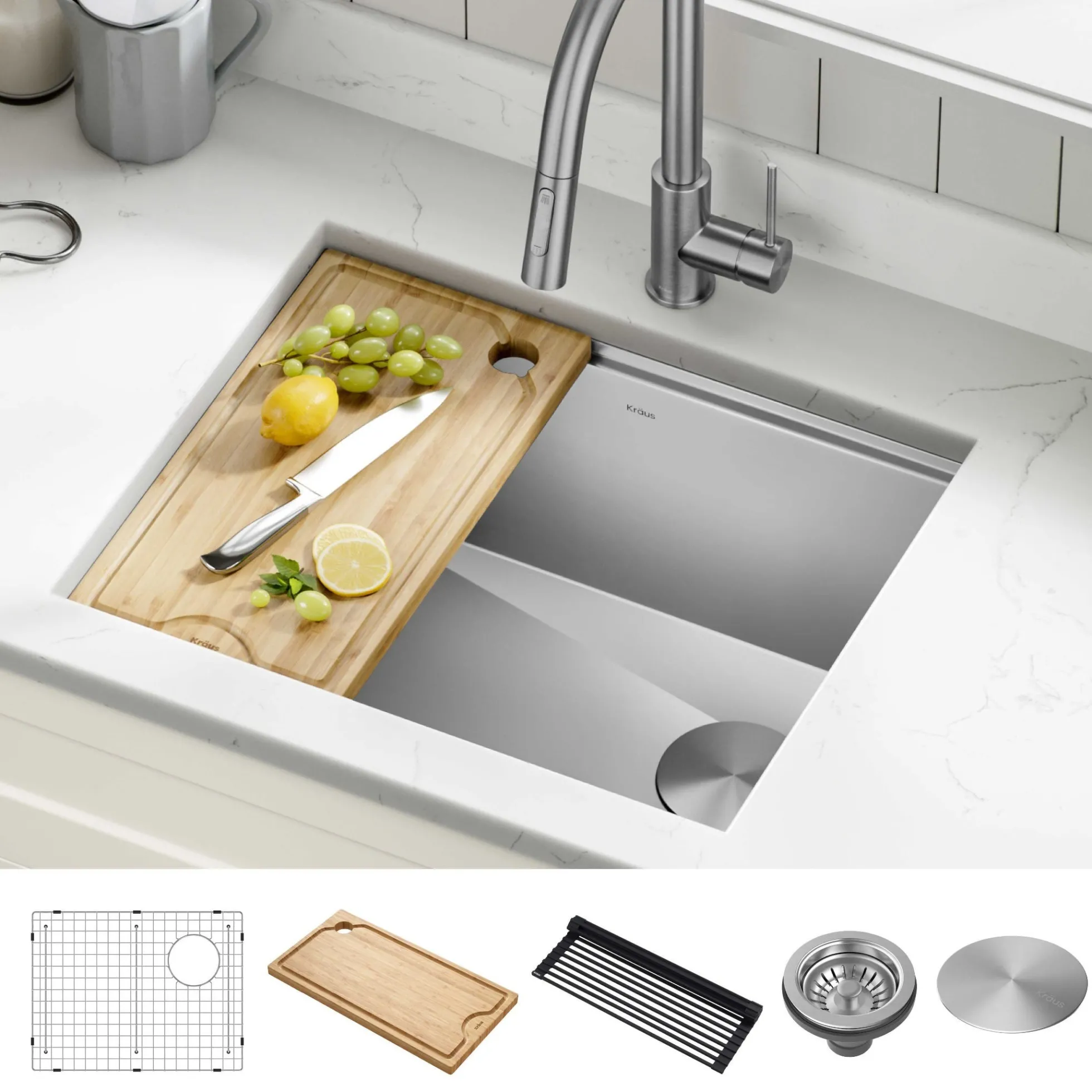 23" Undermount Workstation 16 Gauge Single Bowl Stainless Steel Kitchen Sink with Accessories