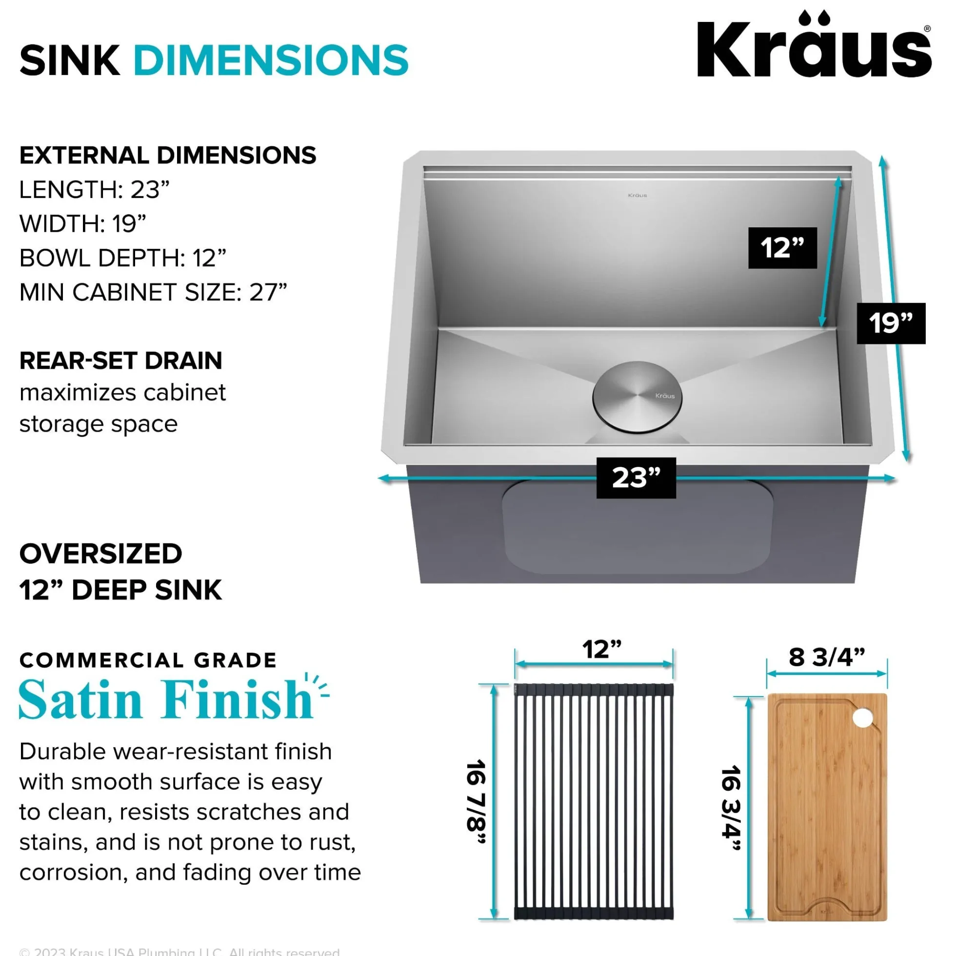 23" Undermount Workstation Single Bowl 16 Gauge Deep Laundry Utility Stainless Steel Kitchen Sink with Accessories