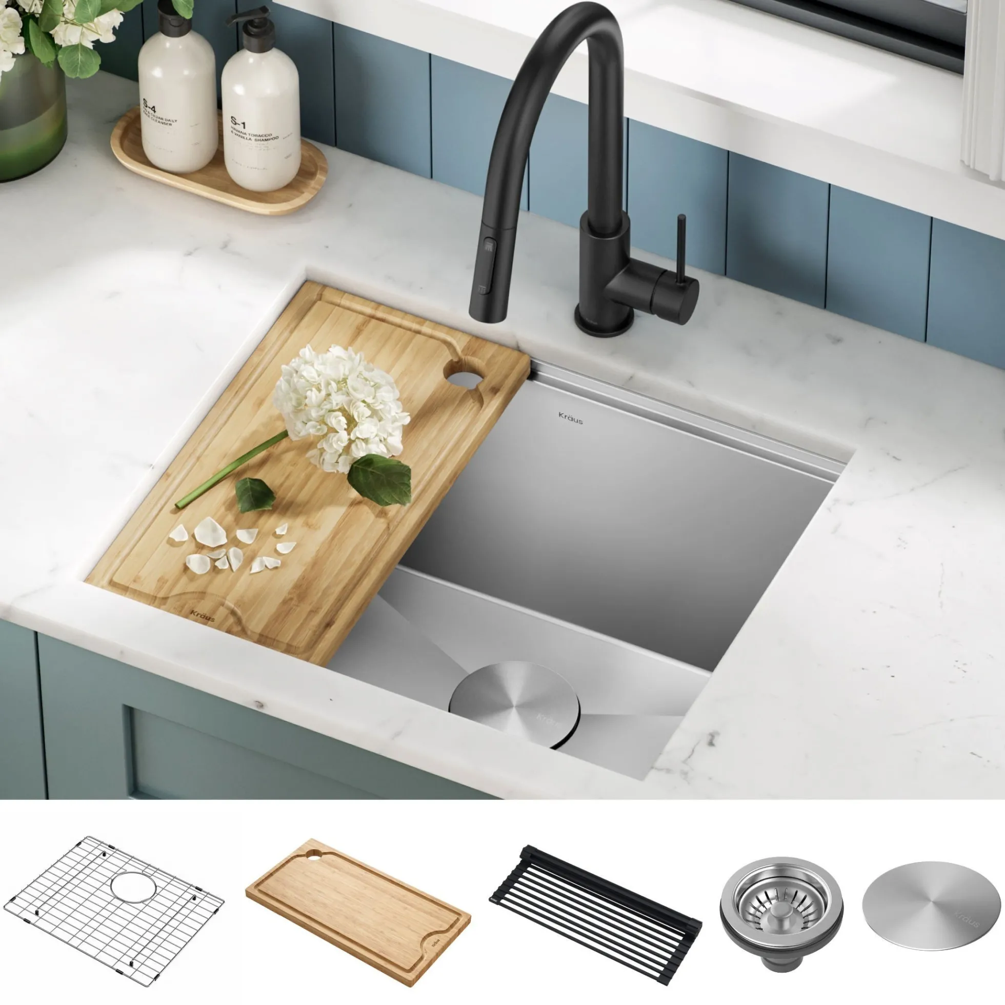 23" Undermount Workstation Single Bowl 16 Gauge Deep Laundry Utility Stainless Steel Kitchen Sink with Accessories