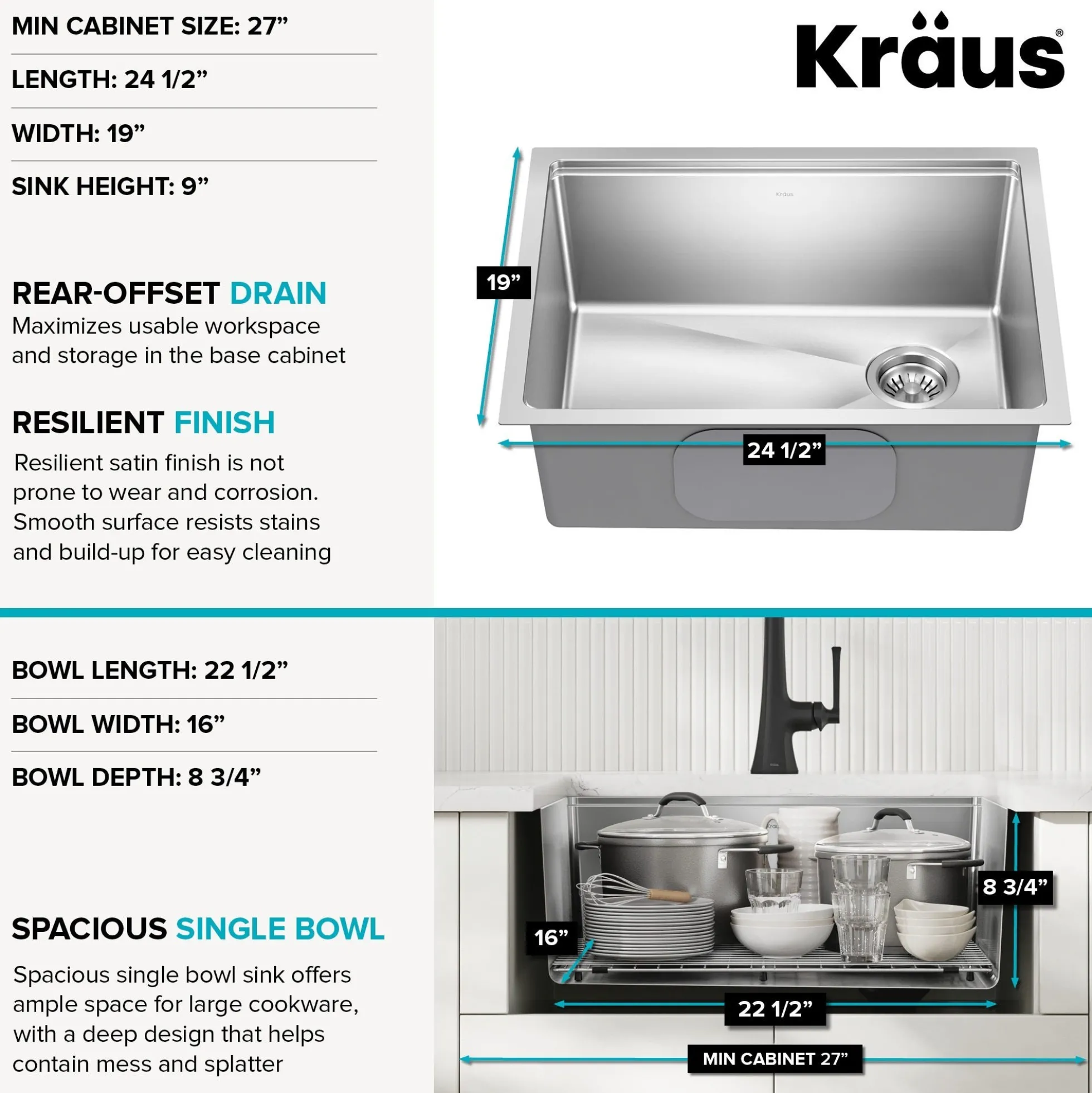 25”Undermount Workstation Single Bowl 18-GaugeStainless Steel Kitchen Sinkwith Accessories