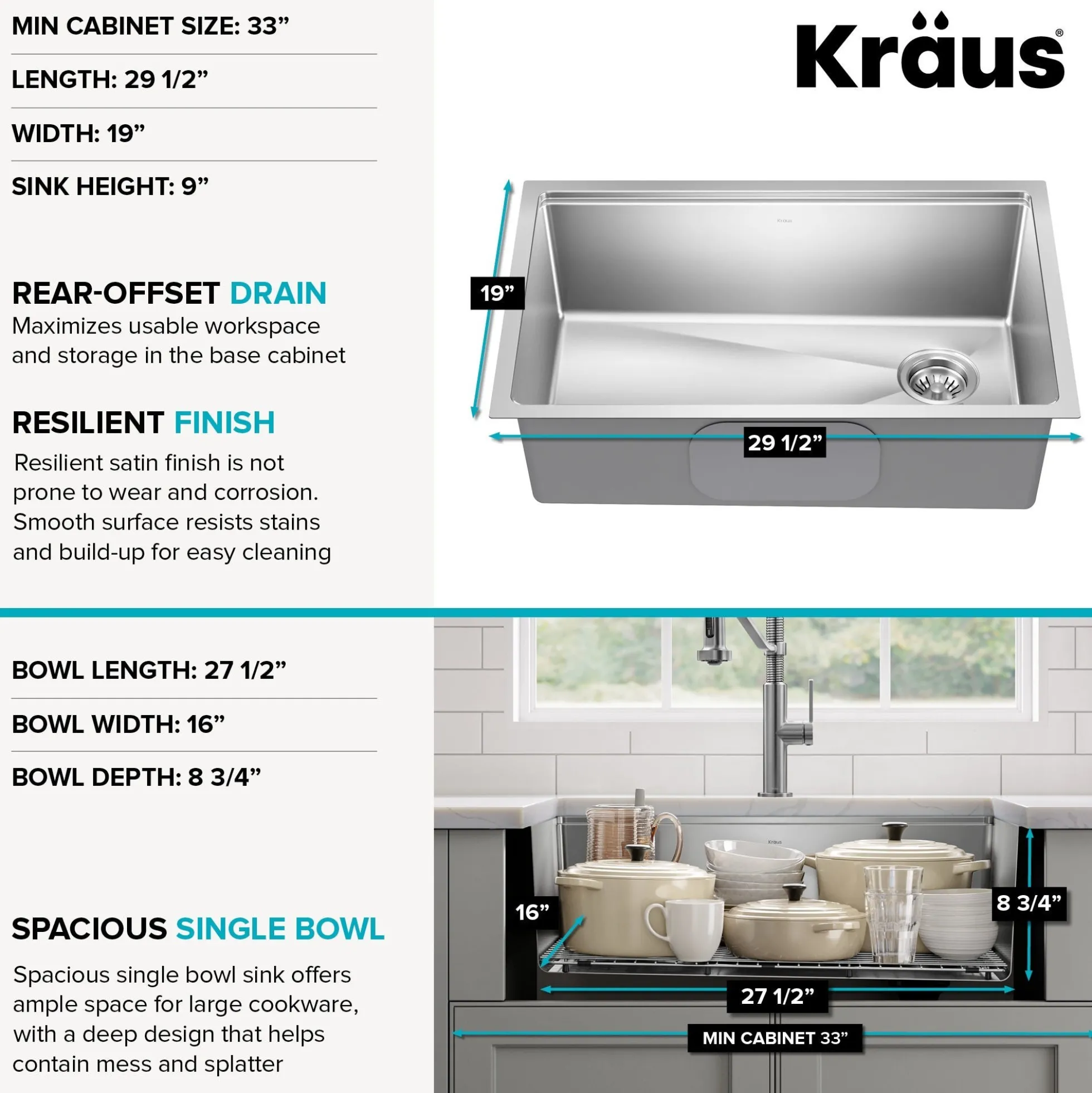 30”Undermount Workstation Single Bowl 18-GaugeStainless Steel Kitchen Sinkwith Accessories