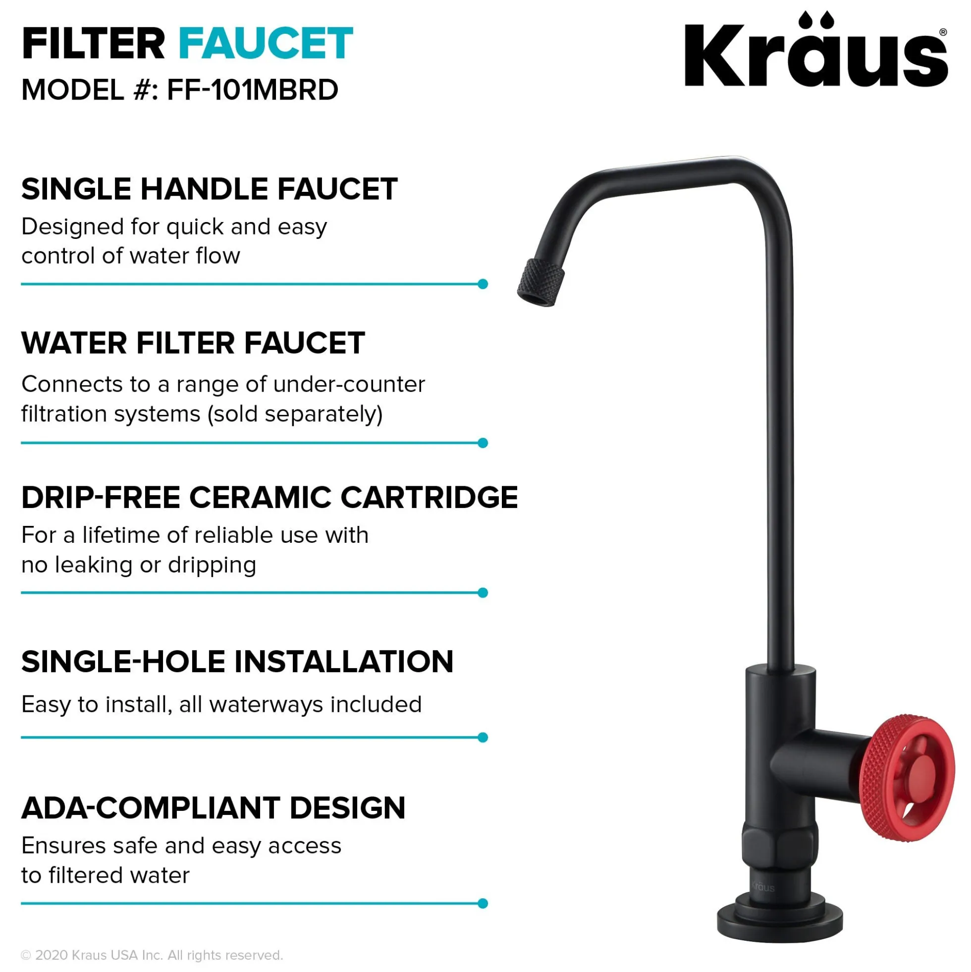 Urbix 100% Lead-Free Kitchen Water Filter Faucet in Matte Black/Red