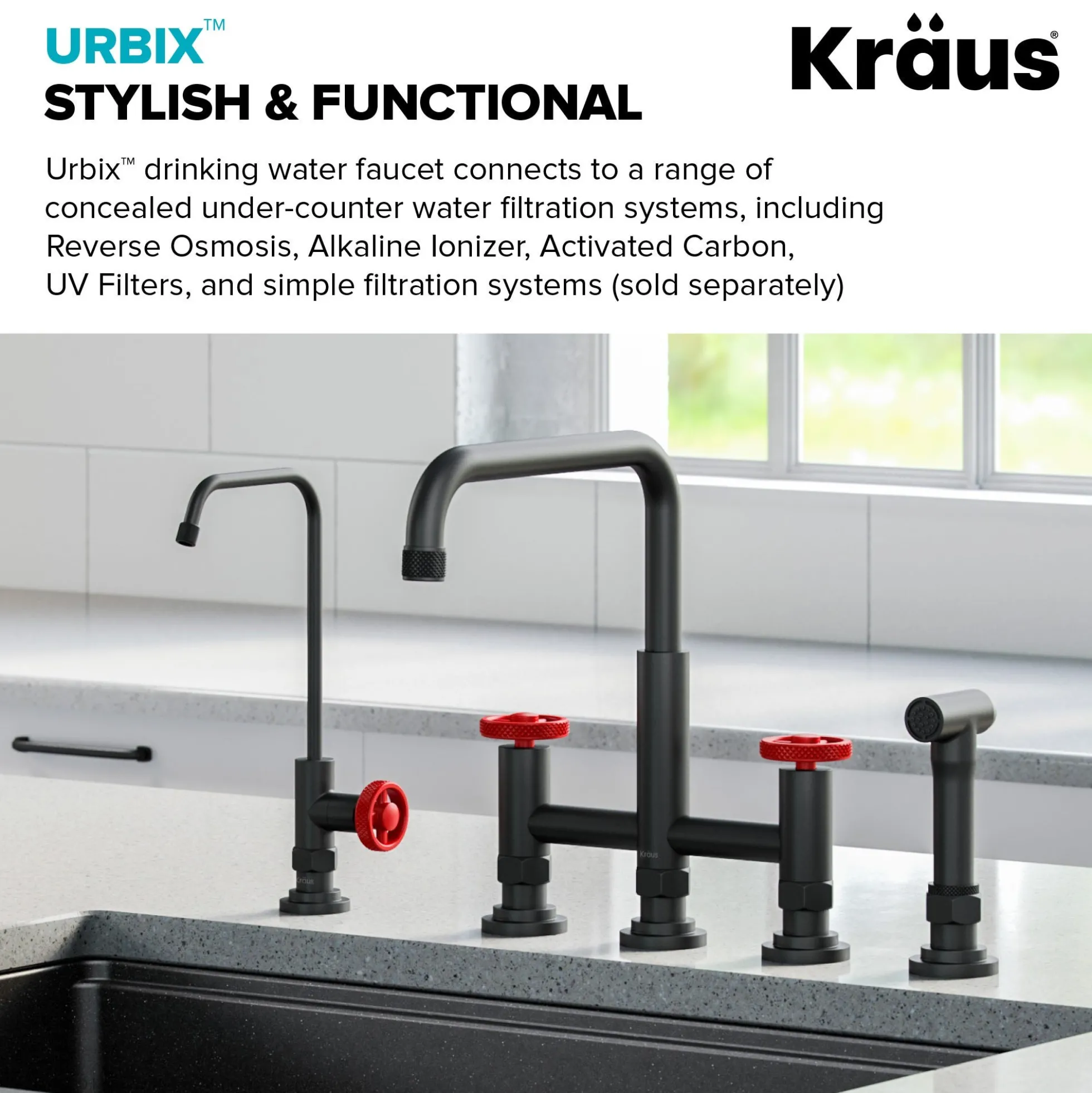 Urbix 100% Lead-Free Kitchen Water Filter Faucet in Matte Black/Red